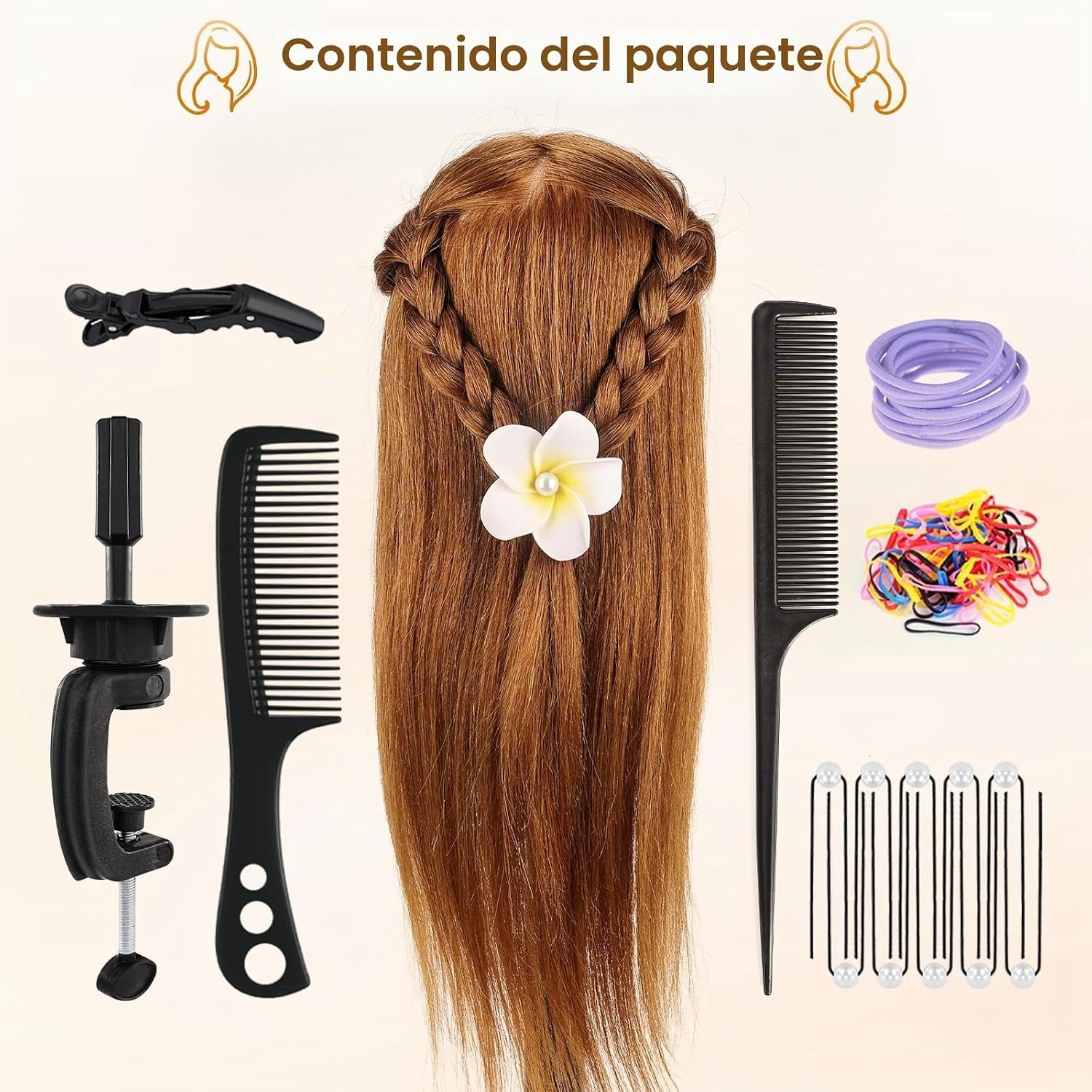 Yofuly Friseur-Trainingskopf, 45,7 cm, 100 % Echthaar, Manikin-Kosmetologie-Puppenkopf zum Flechten und Haarstyling, Übungskopf mit Tischklemme + DIY-Zopf-Set (braun)
