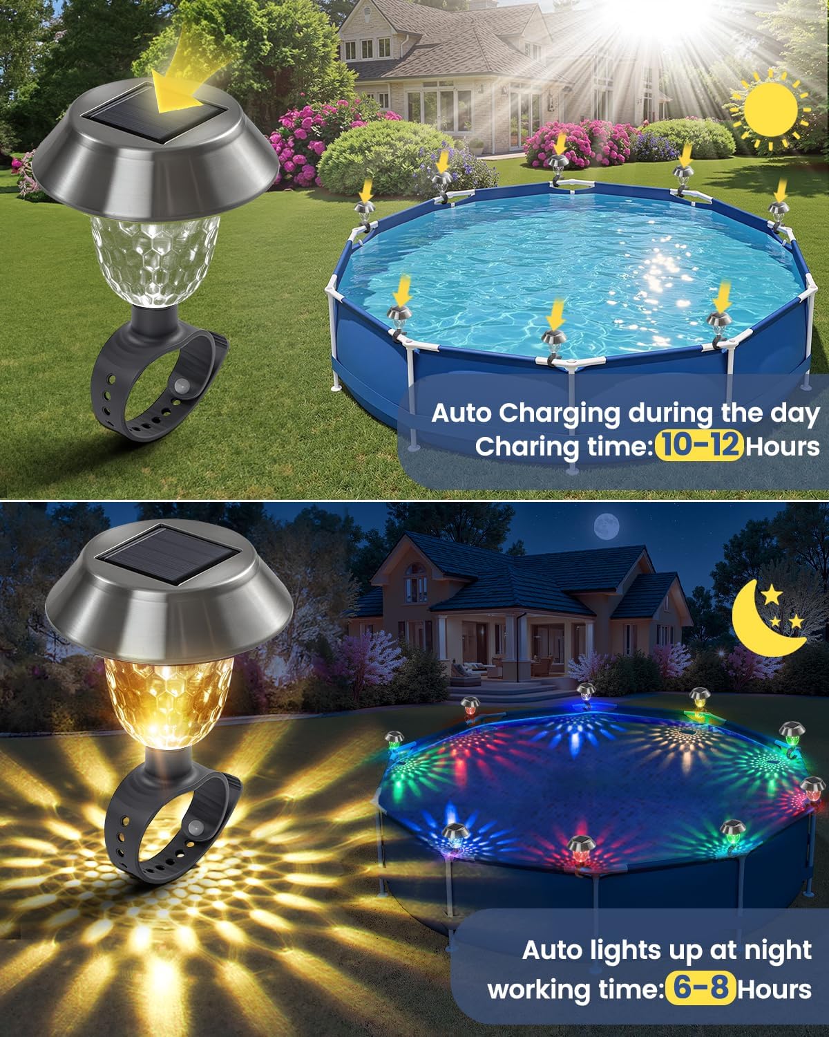 Pool Lights for Above Ground Pools, Sloar Pool Lights Frame Pool Decoration, Energy Saving LED Warm White Light at Night Lighting and Decor for Frame Swimming Pools, Trampoline (4Pcs)