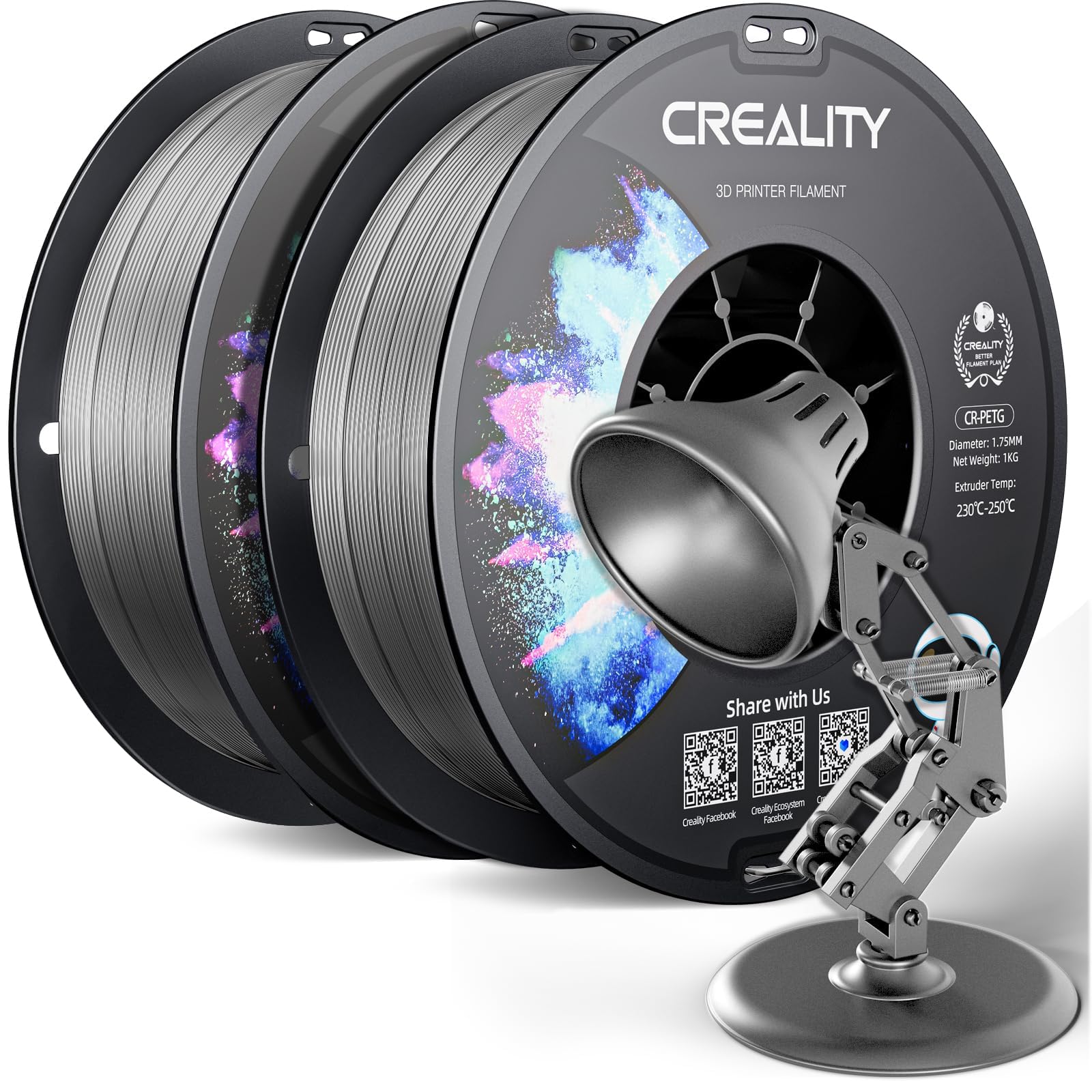 CREALITY PETG Filament 1.75mm 3D Printer Filament, 2kg (4.4lb) Neatly Wound Spool, Dimensional Accuracy ±0.03mm, 2026 Latest Batch, Fit for Most FDM 3D Printers, Grey+Grey