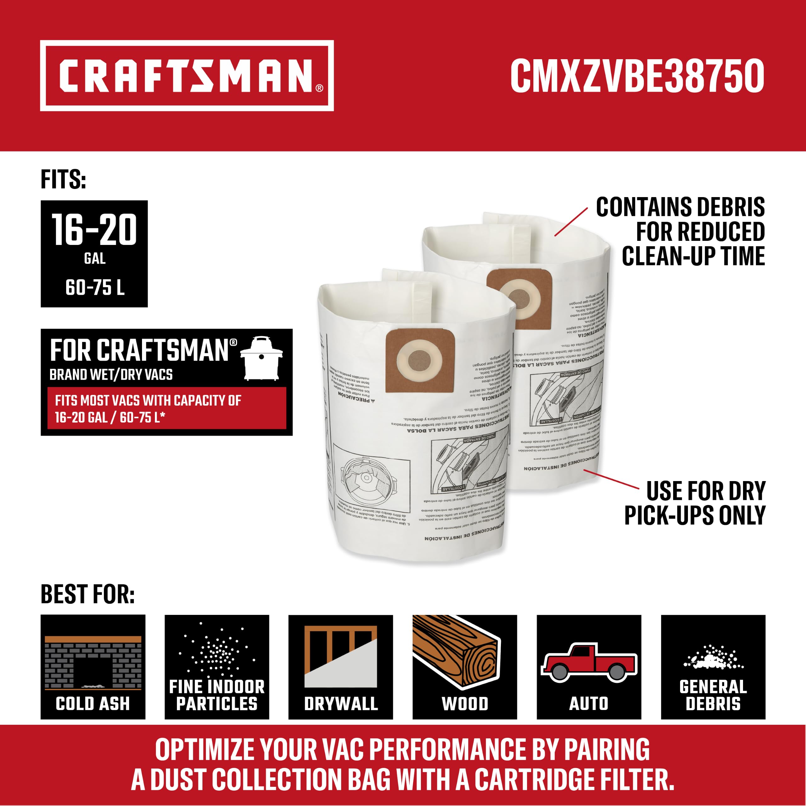 CRAFTSMAN CMXZVBE38750 Bolsas de recogida de polvo fino húmedo/seco para aspiradoras de tienda de 16 y 20 galones, paquete de 2