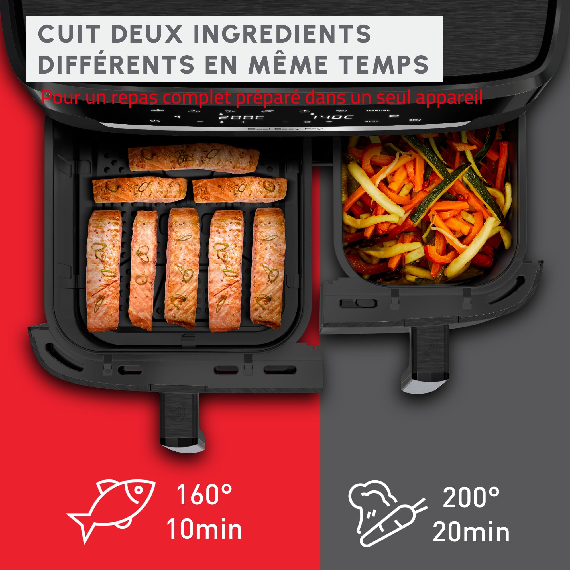 Moulinex XXL Dual Easy Fry 11L: podwójny kosz frytkownica powietrzna +8 osób, dwa kosze (6,5 l + 4,5 l), 7 programów automatycznych, EZ9428F0
