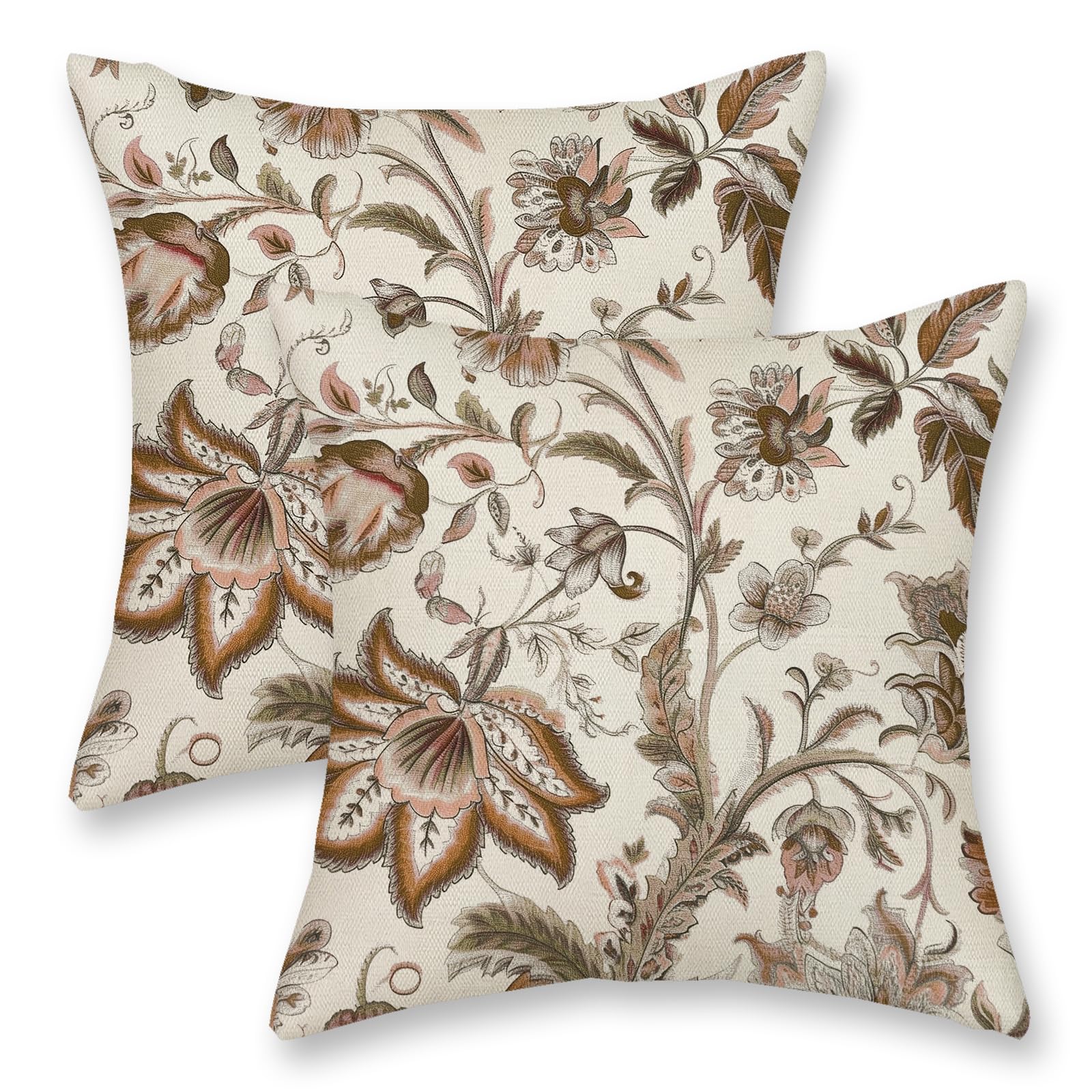 DAFENA Brown Chinoiserie Pillow Covers 18x18 Inch 2 Pcs Spring Fall Floral Decor Throw Pillows Boho Vintage Flower Seasonal Outdoor Indoor Decoration