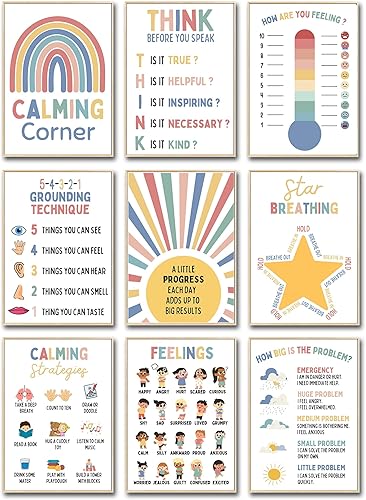 Pósteres de esquina calmante: tabla de atención plena y salud mental para niños, regulación emocional y bienestar psicológico, arte de pared para
