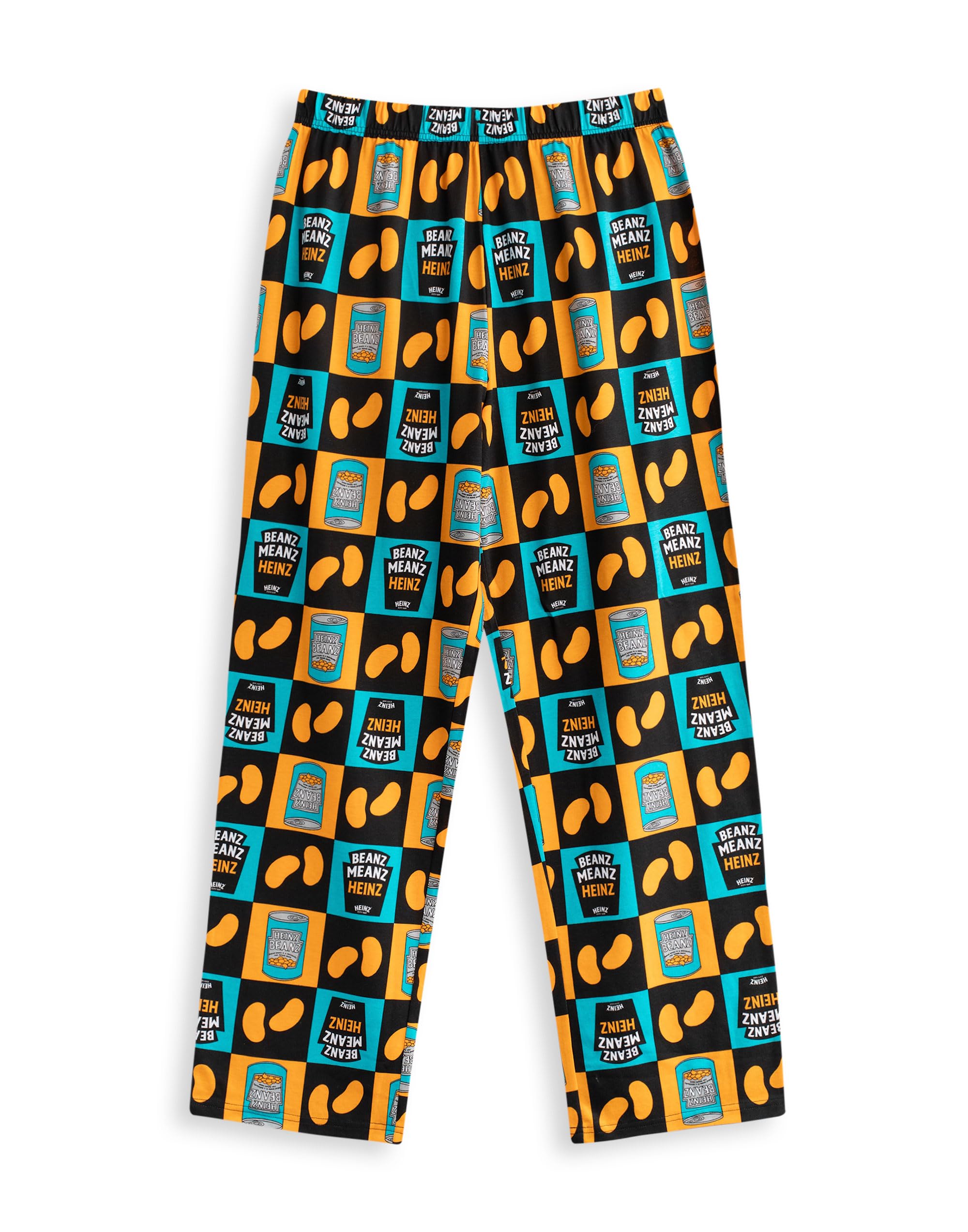 Heinz Beans Mens Lounge Pants | Adults Multicoloured Casual Wear Bottoms with 'Beanz Meanz Heinz' All Over Print | Baked Beans Can Graphic Print Homewear Pants | Heinz Tinned Beans Merchandise Gift