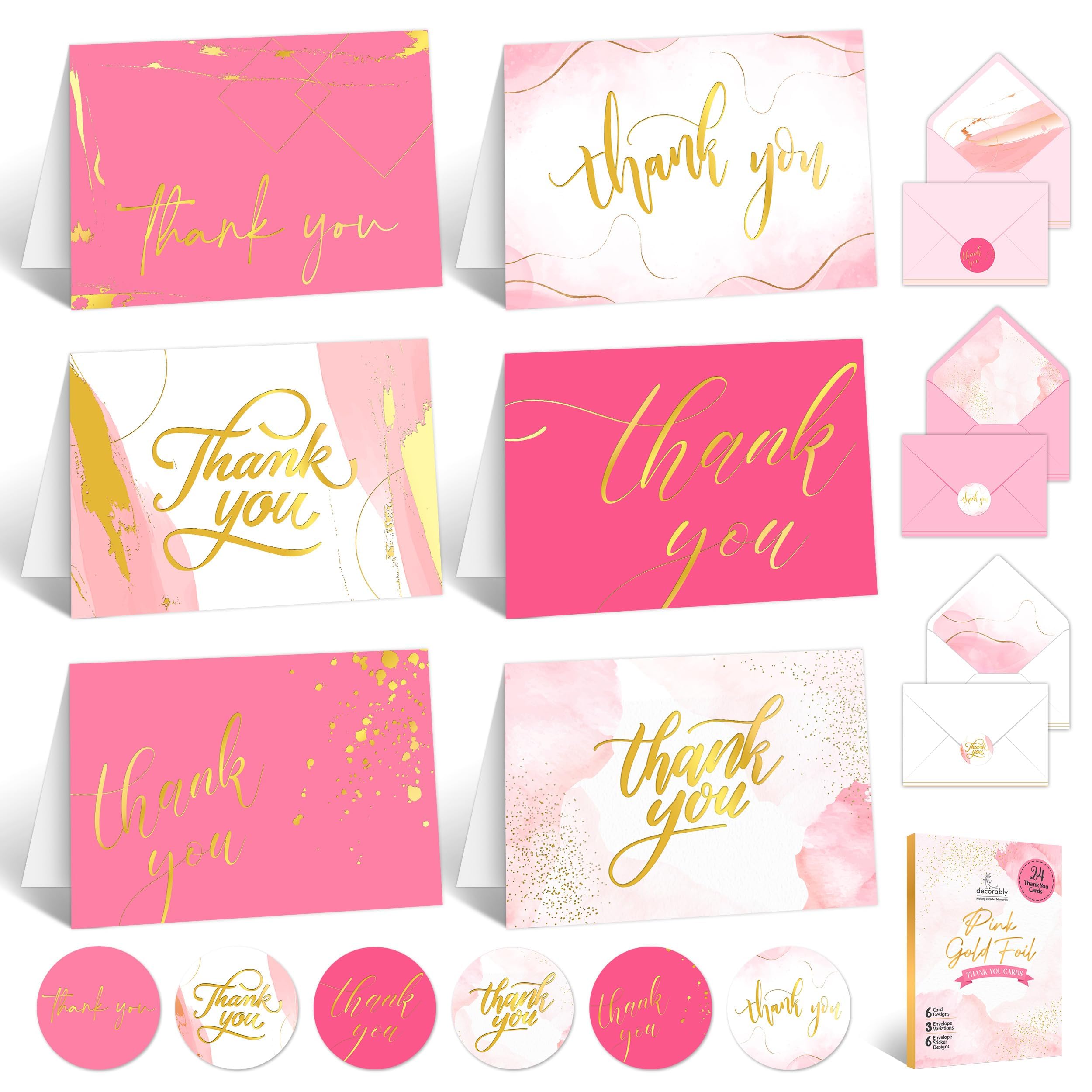 Decorably 24 Pack Gold-Foiled 6x4in Pink Thank You Cards with Envelopes and Stickers, 6 Elegant Designs Thank You Bridesmaid Cards, Blank Inside - Wedding, Baby Shower, Birthday — image 1