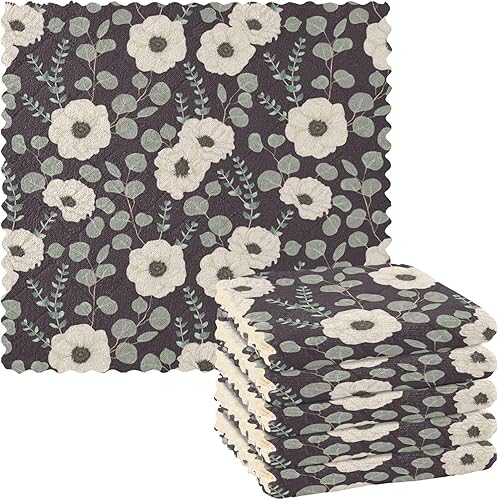 White Anemone Flowers Set of 6 Fast Drying Kitchen Microfiber Towels Decorative Soft Cooking Towels Reusable for Countertop Sink