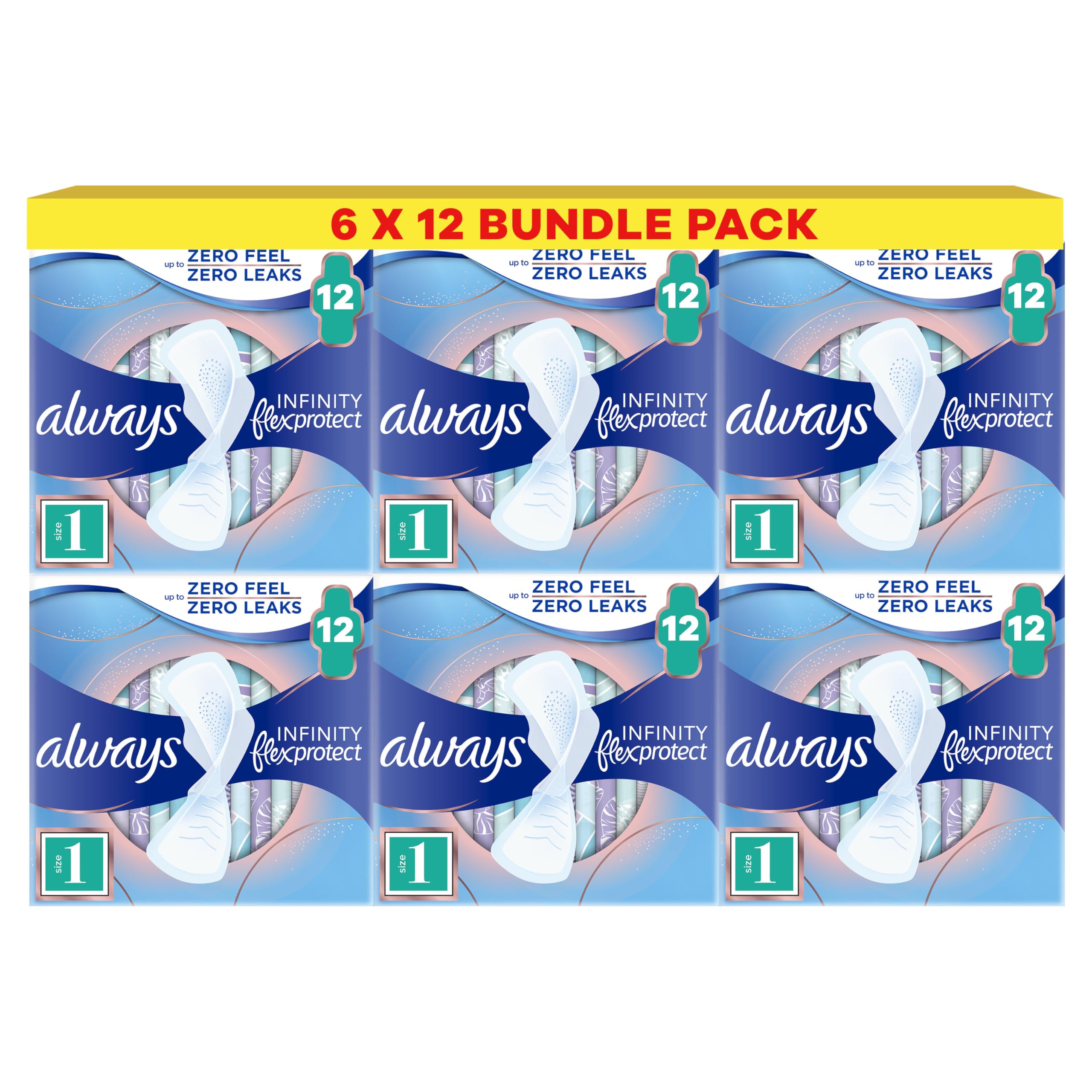 Infinity FlexProtect Sanitary Towels, Size 1 Normal, 6 Packs of 12 Count, Unscented, for up to Zero Feel & Zero Leaks, Super Absorbent & Flexible Protection