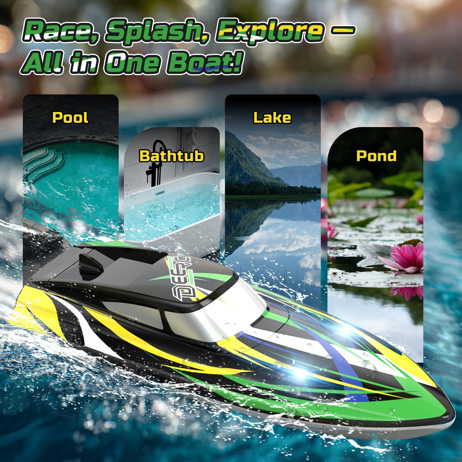 DEERC - Barco teledirigido de alta velocidad con luces LED, barco de carreras RC rápido autorectificador, 2 baterías para más de 24 minutos de autonomía, mando a distancia de 2,4 GHz, juguete para