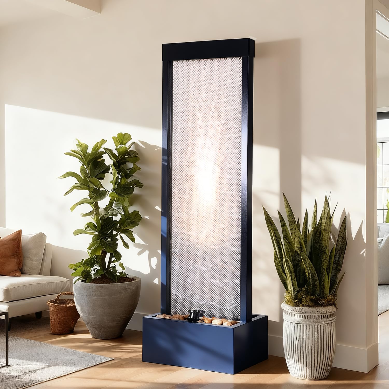 Mesh Panel Waterfall Fountain Large Indoor Water Feature with Stones Light 64 Floor Standing Water Wall for Home