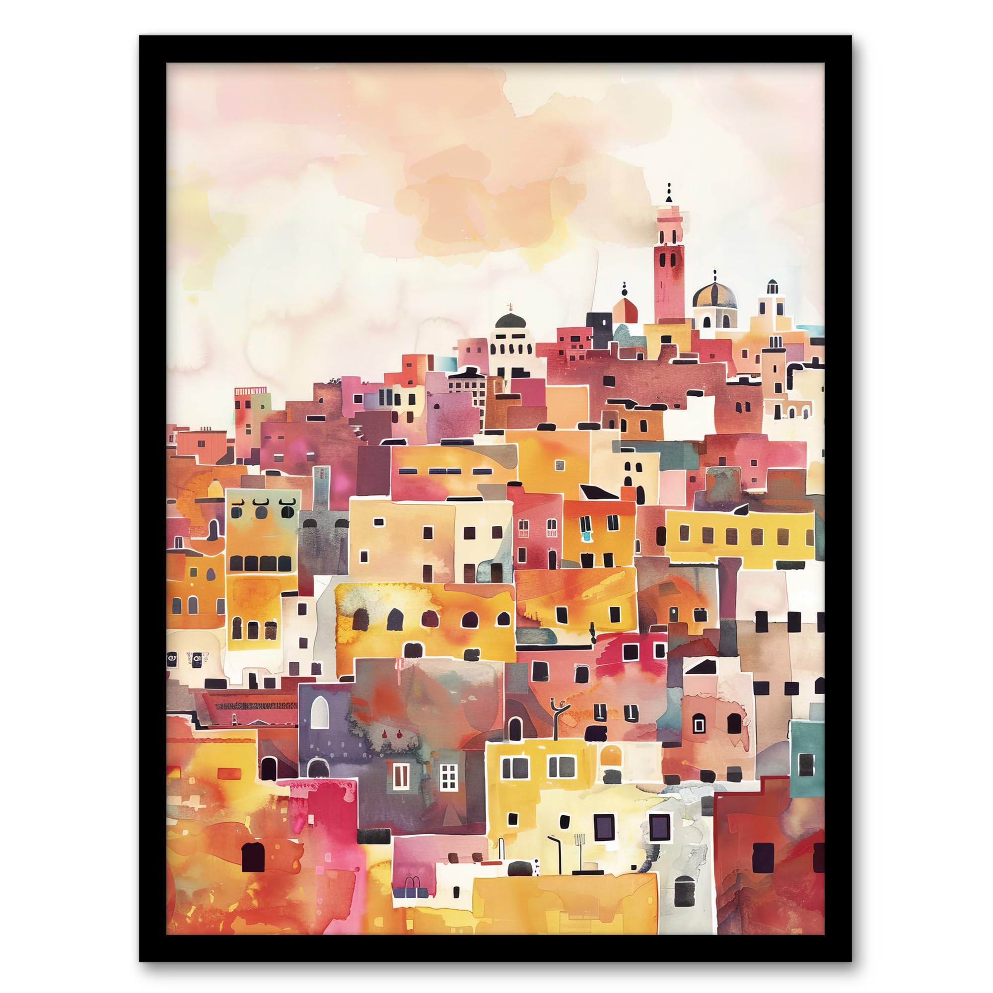 Artery8 Morocco Skyline Colourful Watercolour Cityscape Living Room Artwork Framed Wall Art Print A4