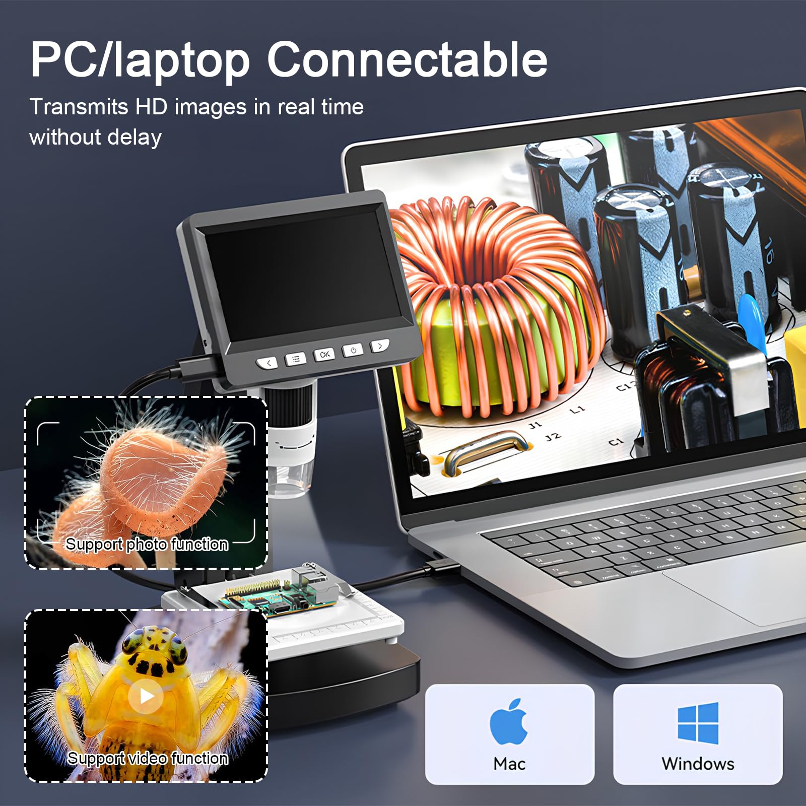 Microscopio Digital LCD, Aumento de 50x a 1000x, Pantalla de 4,3 Pulgadas, Resolución de 1080P, Lente de 2 Millones de Píxeles, con 8 Luces LED, Conectable a PC, Computadora portátil