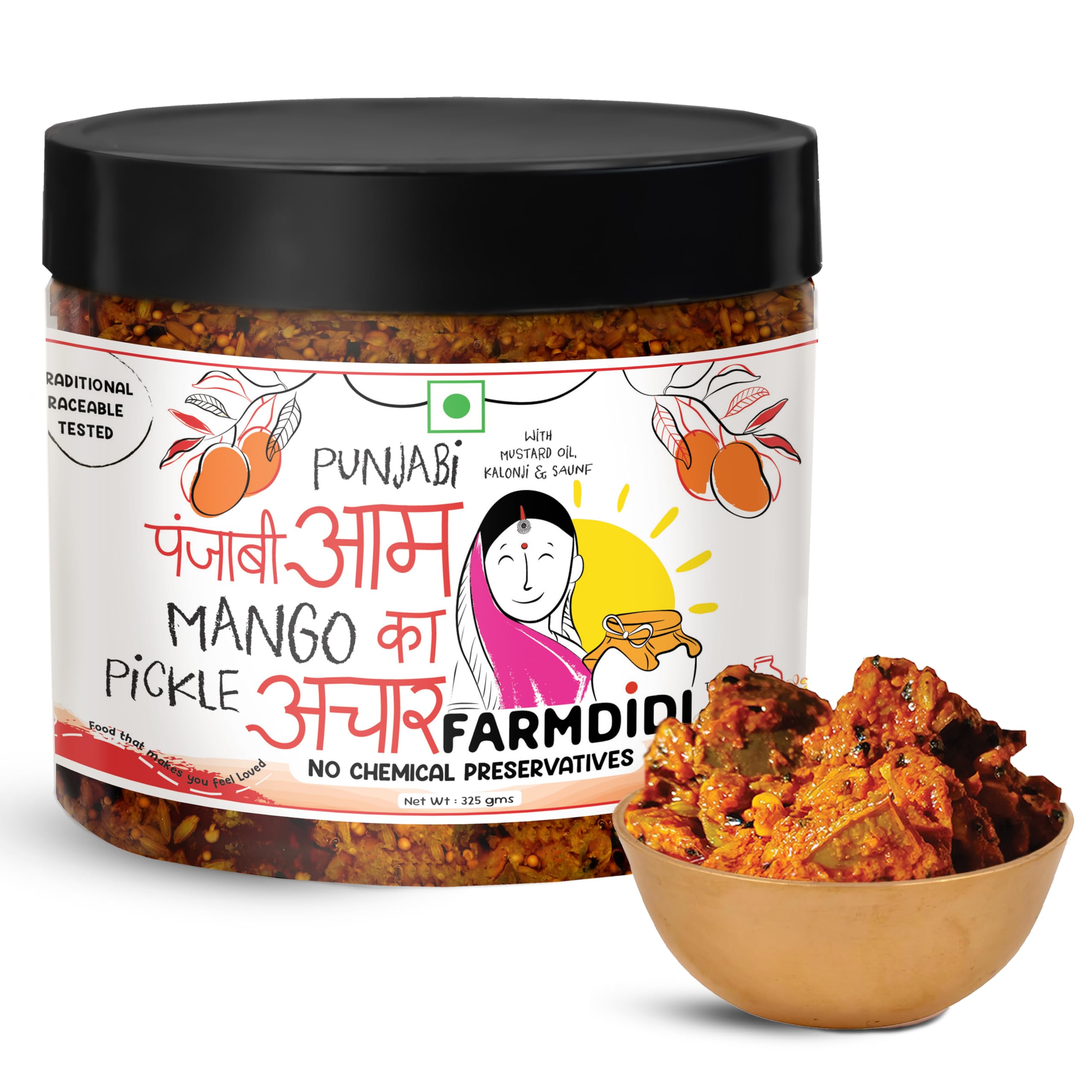 FarmDidi Punjabi Mango Pickle 325g in Fresh | Homemade Sour & Slightly Spicy Dry Aam Ka Achaar | North Indian Punjabi Style Pickle | Made With Less Oil | No Chemical Preservatives