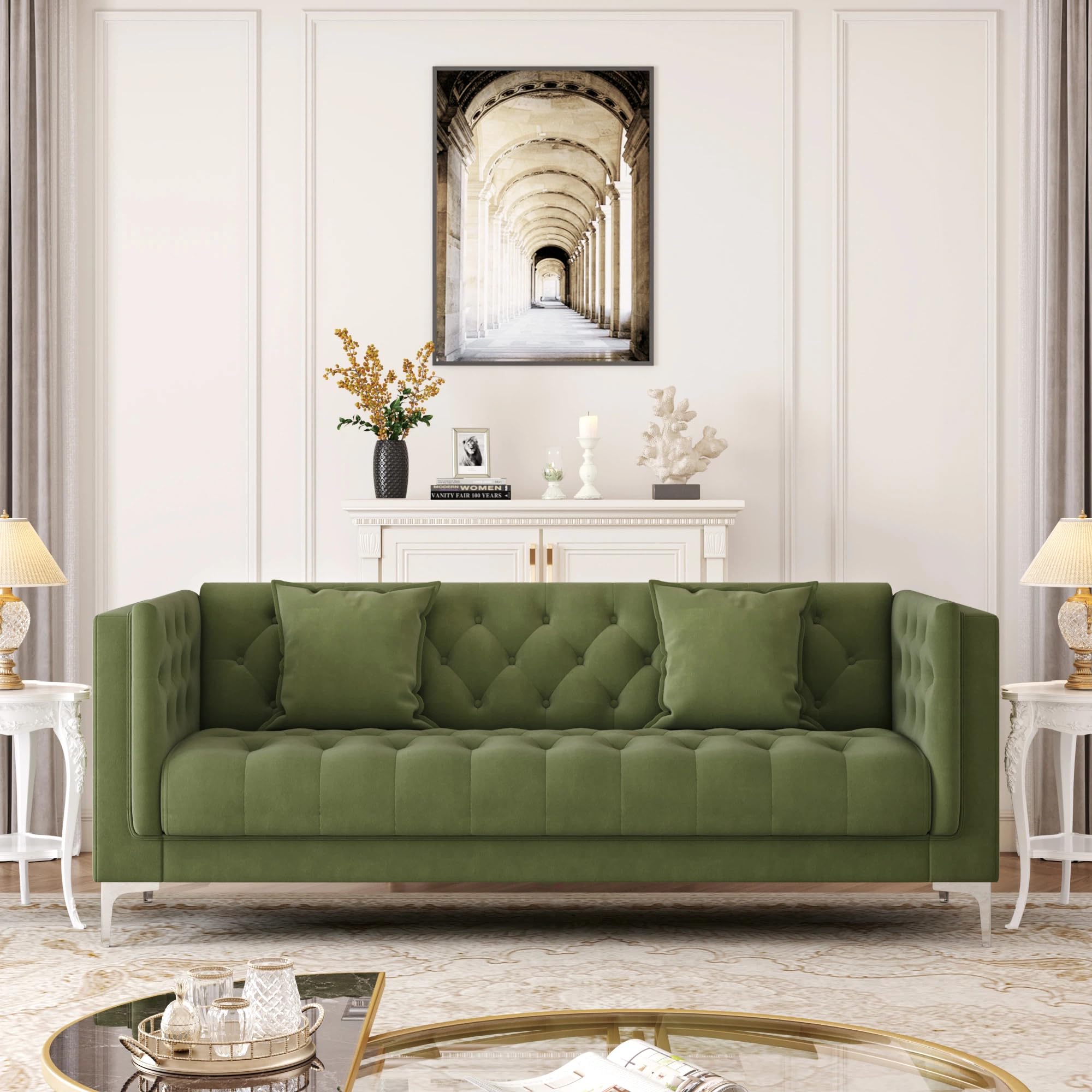 HIFIT 79" W Green Velvet Sofa Couch with 2 Pillows, 3 Seater Couches for Living Room, Handmade Button Tufted Cushions and Metal Legs, Modern Sofa for Apartment, Office