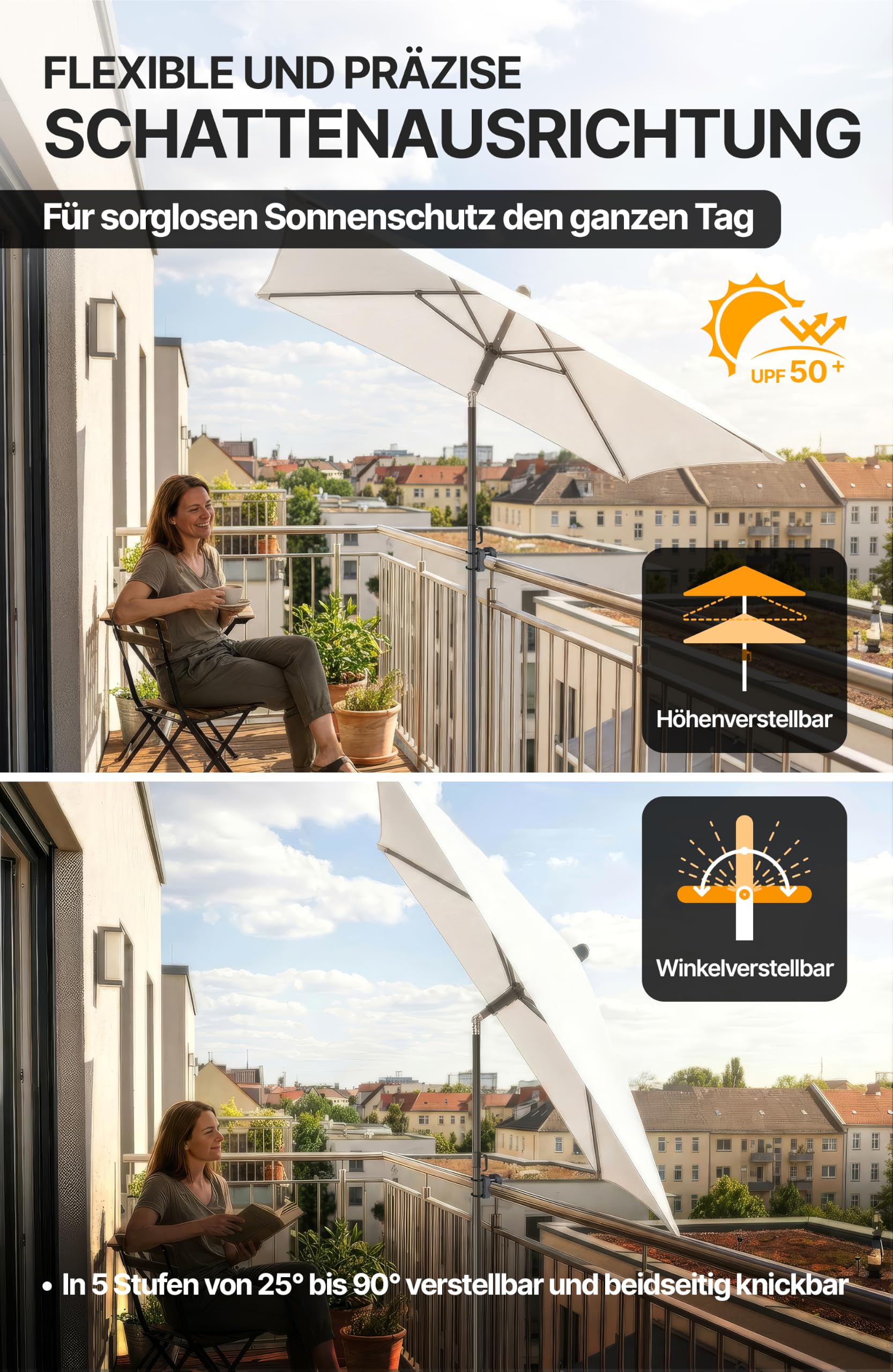 Menz Sonnenschirm Balkon 5-fach knickbar, Sonnenschirm rechteckig 180x120cm | UPF 50+ Sonnenschutz Balkon, höhenverstellbarer Balkonschirm, inkl. Schutzhülle, Beige