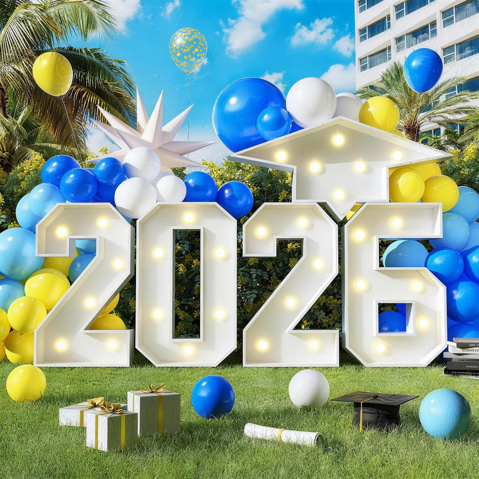 Photo 1 of 2026  Numbers Marquee 3FT for Graduation Decorations with Graduation Cap, White Big Mosaic Number with Lights 2026 Cardboard Pre-Cut Frame for Class of 2026 High School College Grad Party