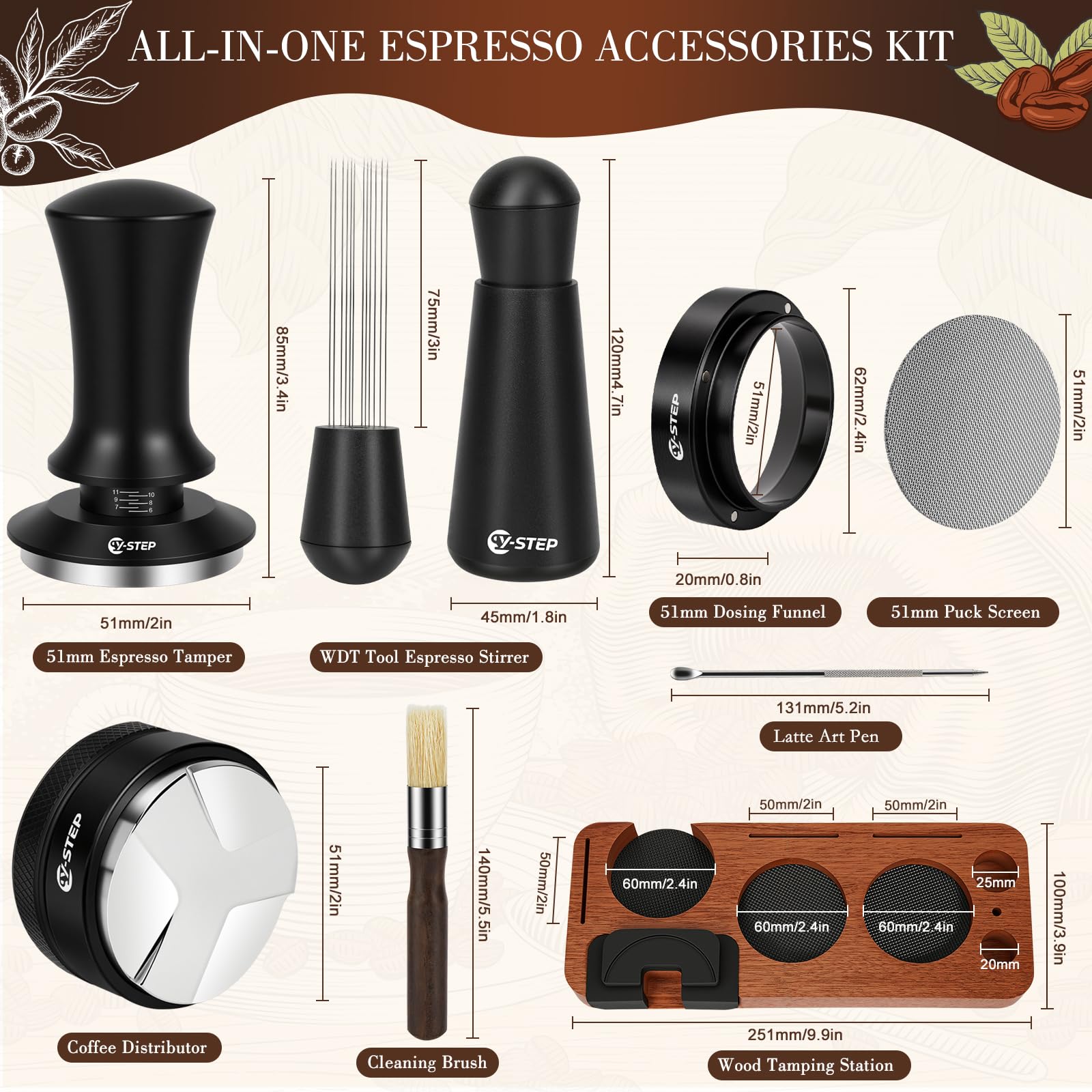 Y-Step Espresso Zubehör 8er Set, Kaffee Tamper 51mm mit Tamperstation, Coffee Leveler, WDT Tool, Dosierring, Reinigungsbürste, Puck Screen, Rührer, für Espressomaschine