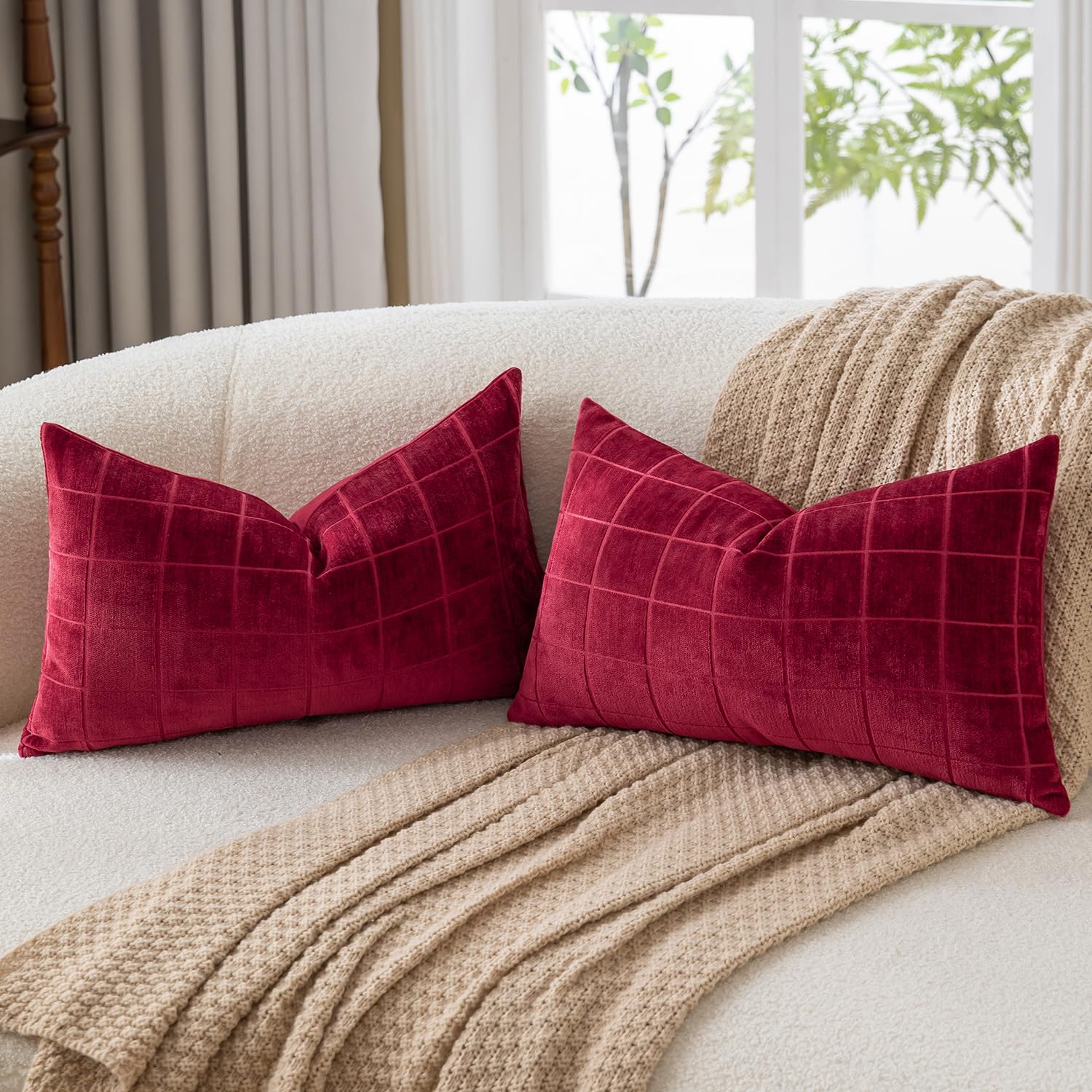 Mandioo Pack of 2 Chenille Check Cushion covers 30x50cm 12x20 Inch Vintage Plaid Decorative Pillow Covers Soft Velvet Backing Throw Pillow cases Farmhouse Sofa Couch Bed Living Room Burgundy - Image 2