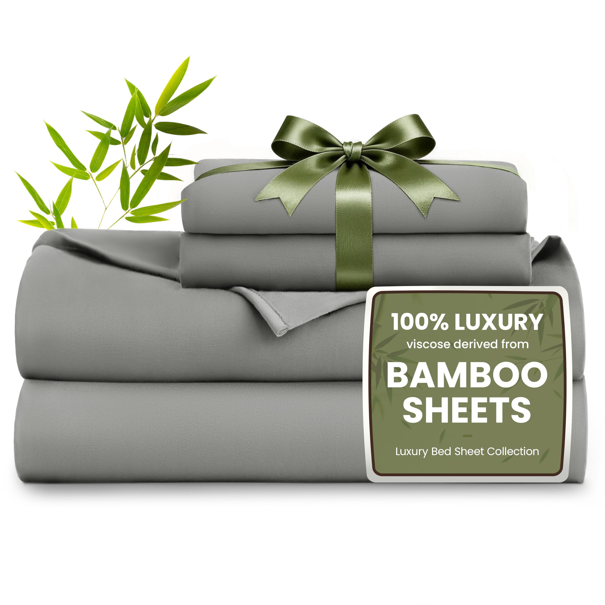 Love's cabin 4 Piece Queen Sheet Set, 100% Rayon Derived from Bamboo, Cooling & Breathable, Soft Silky Deep Pocket up to 16", Hotel Luxury Bedding for Hot Sleepers, Grey