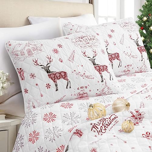 Miniatura 5 de Juego de edredón de Navidad tamaño Queen, juego de cama reversible de vacaciones con renos, juego de ropa de cama de Navidad rojo, juego de colcha