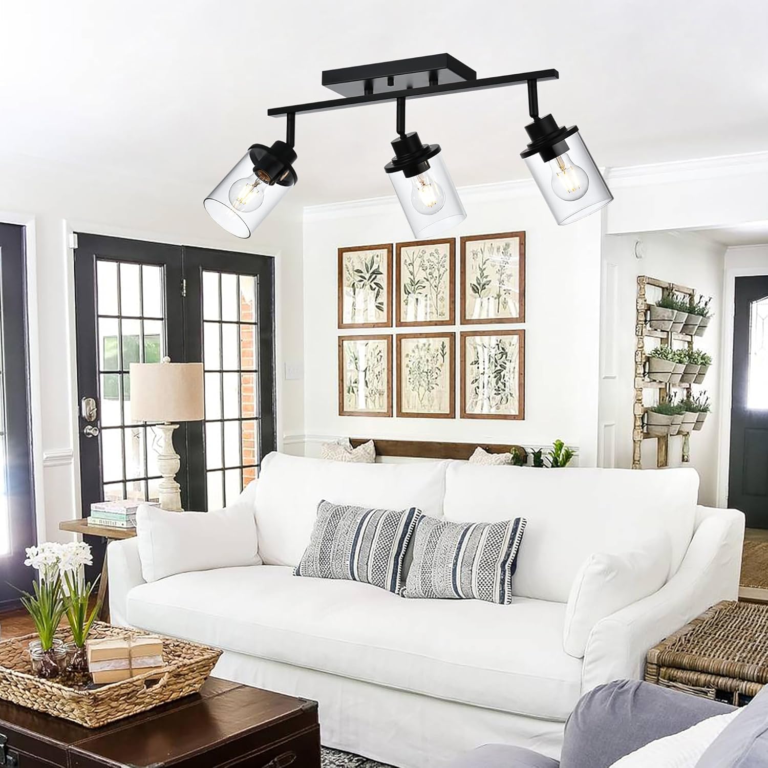 Track Lighting Fixtures 3 Light Ceiling Lights with Adjustable Track Heads, Black Bathroom Vanity Light with Clear Glass Shade, Modern Track Lighting Kit for Kitchen Office Living Room