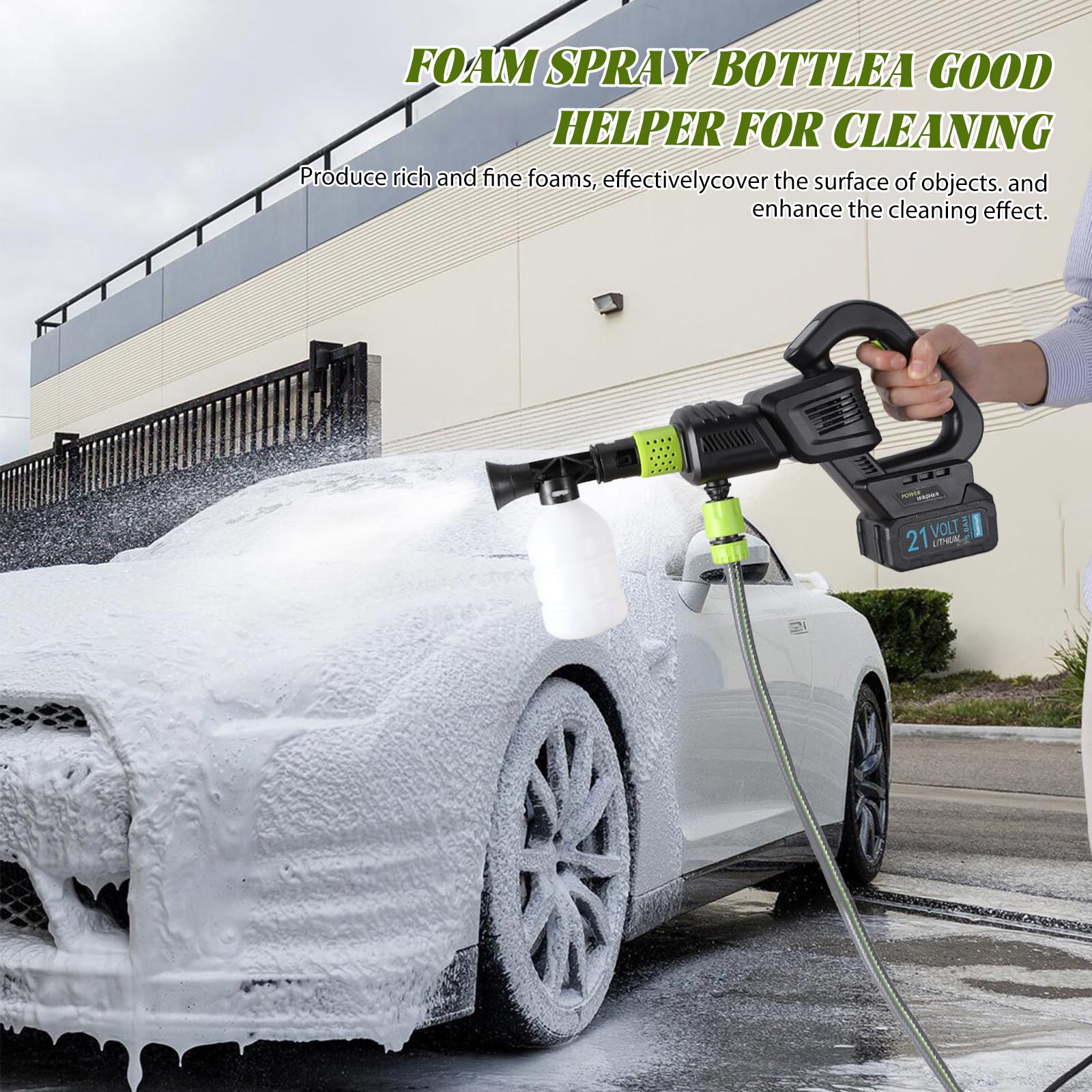 Limpiador de alta presión inalámbrico, 980 PSI/120 bar, portátil con bomba de succión, 6 en 1 boquillas y detergente para coche, terraza, jardín (5 m manguera) (B-2 batería)