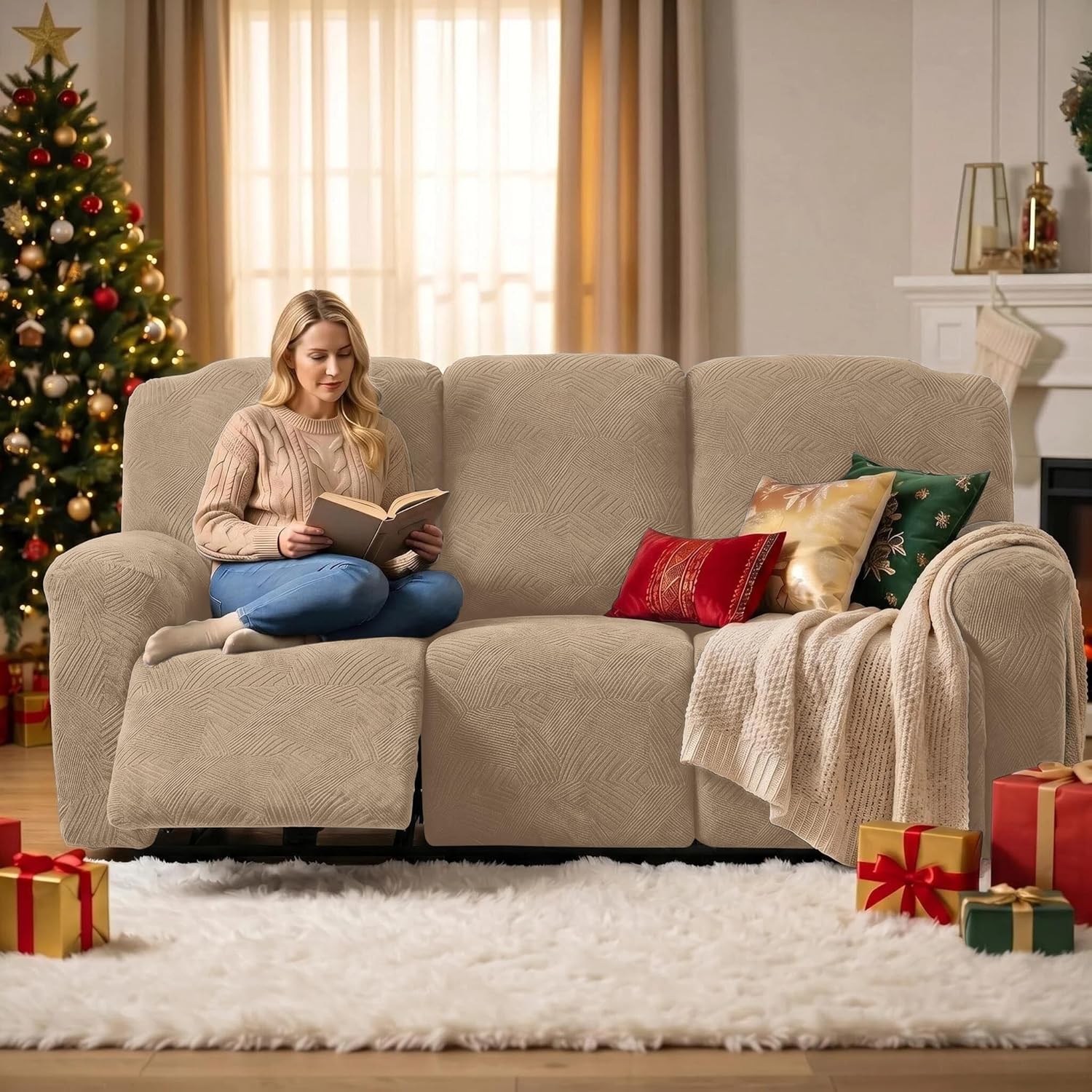 5-Piece Recliner Sofa Covers,Stretch Geometric Strokes Jacquard Recliner Sofa Slipcovers,Seamless Furniture Protector with Pocket,Soft Breathable Couch Cover,3 Seater Khaki