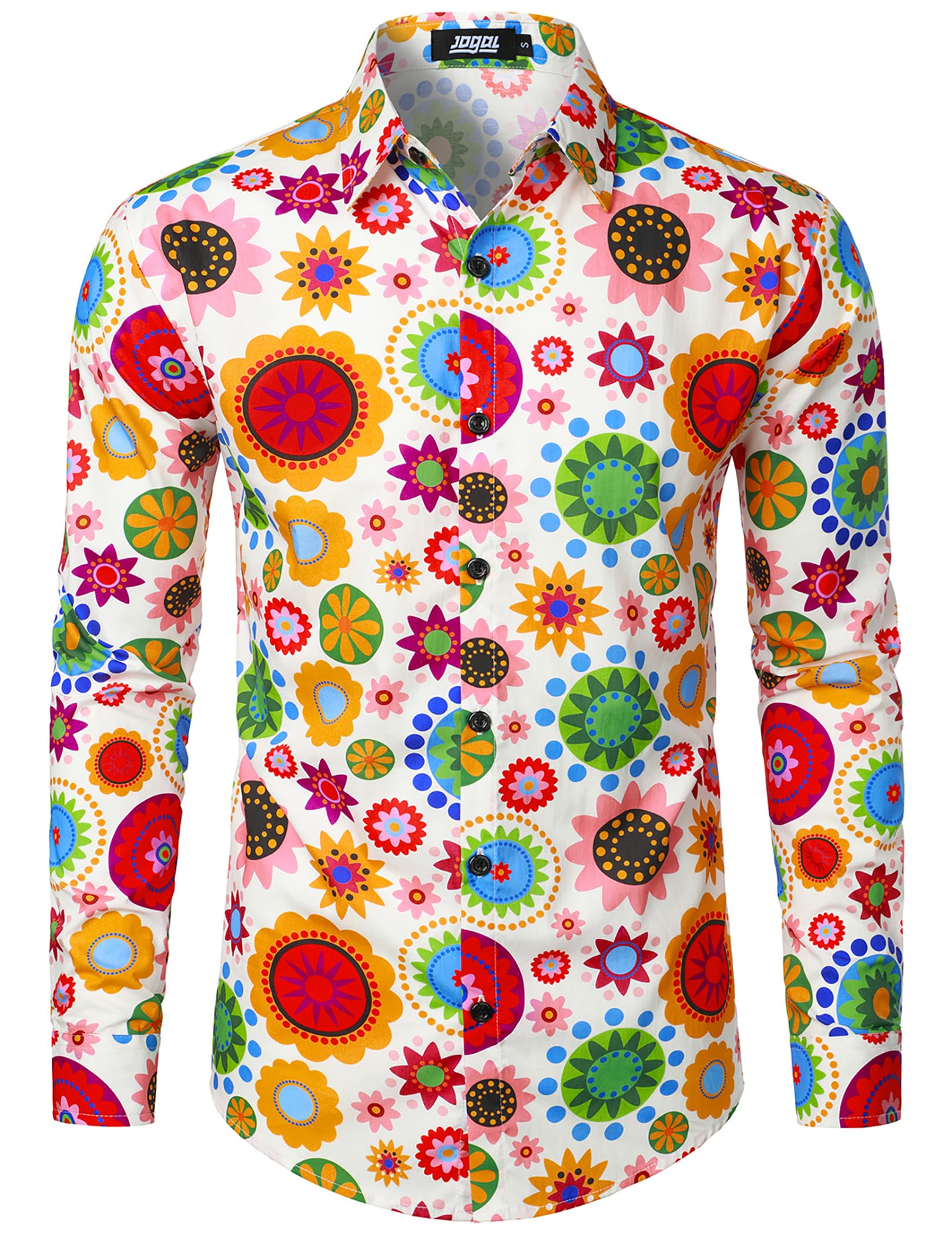 JOGAL Mens 70s Floral Dress Shirt Long Sleeve Printed Casual Button Down Shirts