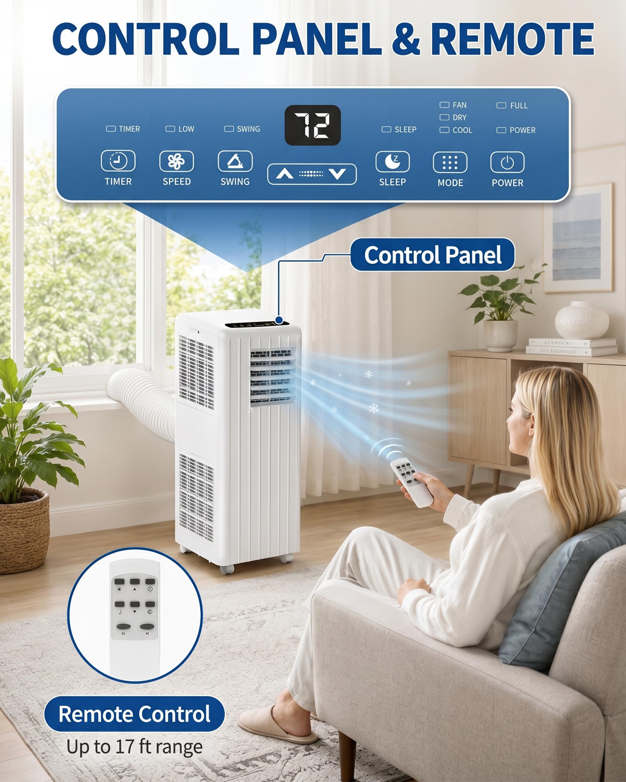 Climatiseur mobile, 8000 BTU, refroidit la pièce jusqu'à 350 mètres carrés, unité AC 3 en 1 avec mode déshumidificateur et ventilateur, télécommande, ultra silencieux 48 dB, blanc et