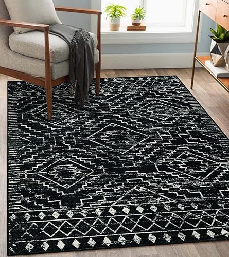Wonnitar Alfombra marroquí lavable de 4 x 6 pulgadas, color negro, bohemio, para sala de estar, dormitorio, habitación de campo, no desprende