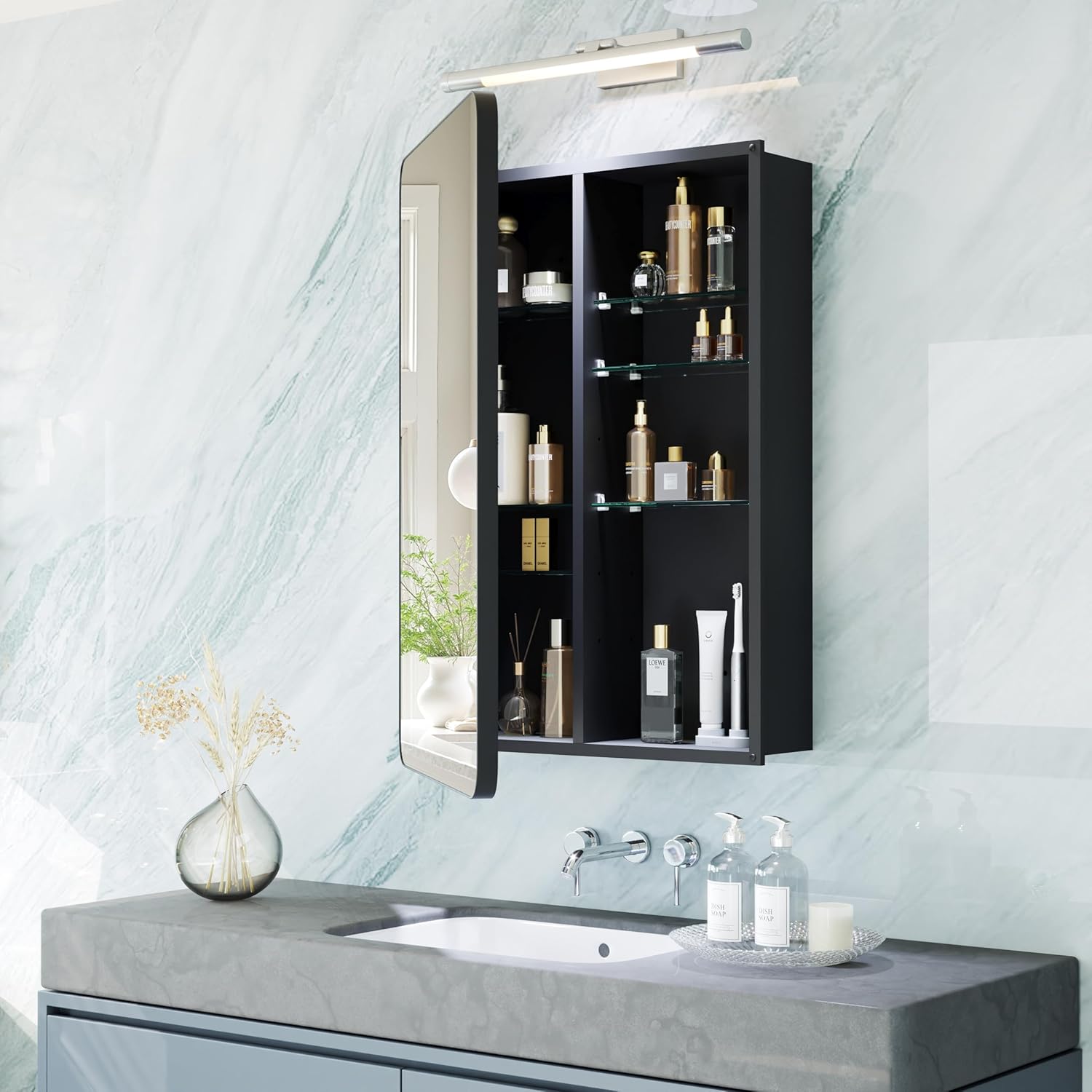 Black Medicine Cabinet with Mirror for Bathroom: 16 x 20 Inch Small Mirrored Vanity Storage with Adjustable Shelves - Surface or Recessed Wall Mount - Matte Black Frame Black 16"x 20"