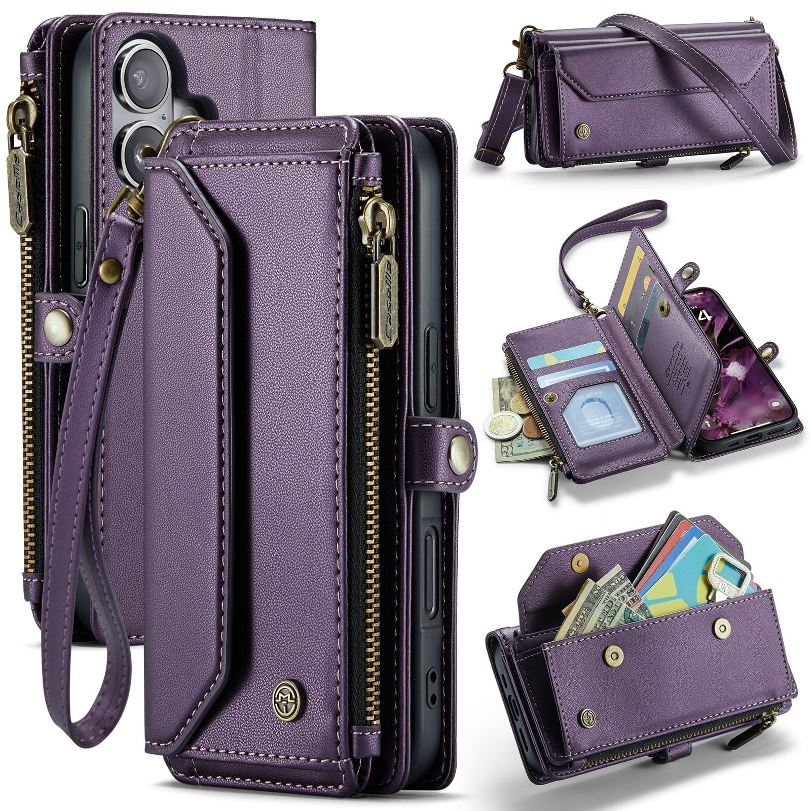 Dteck Custodia a portafoglio per iPhone 16 2024, con tracolla e cordino da polso, blocco RFID, slot per carte e tasche, custodia protettiva in pelle PU con funzione borsa/supporto, viola