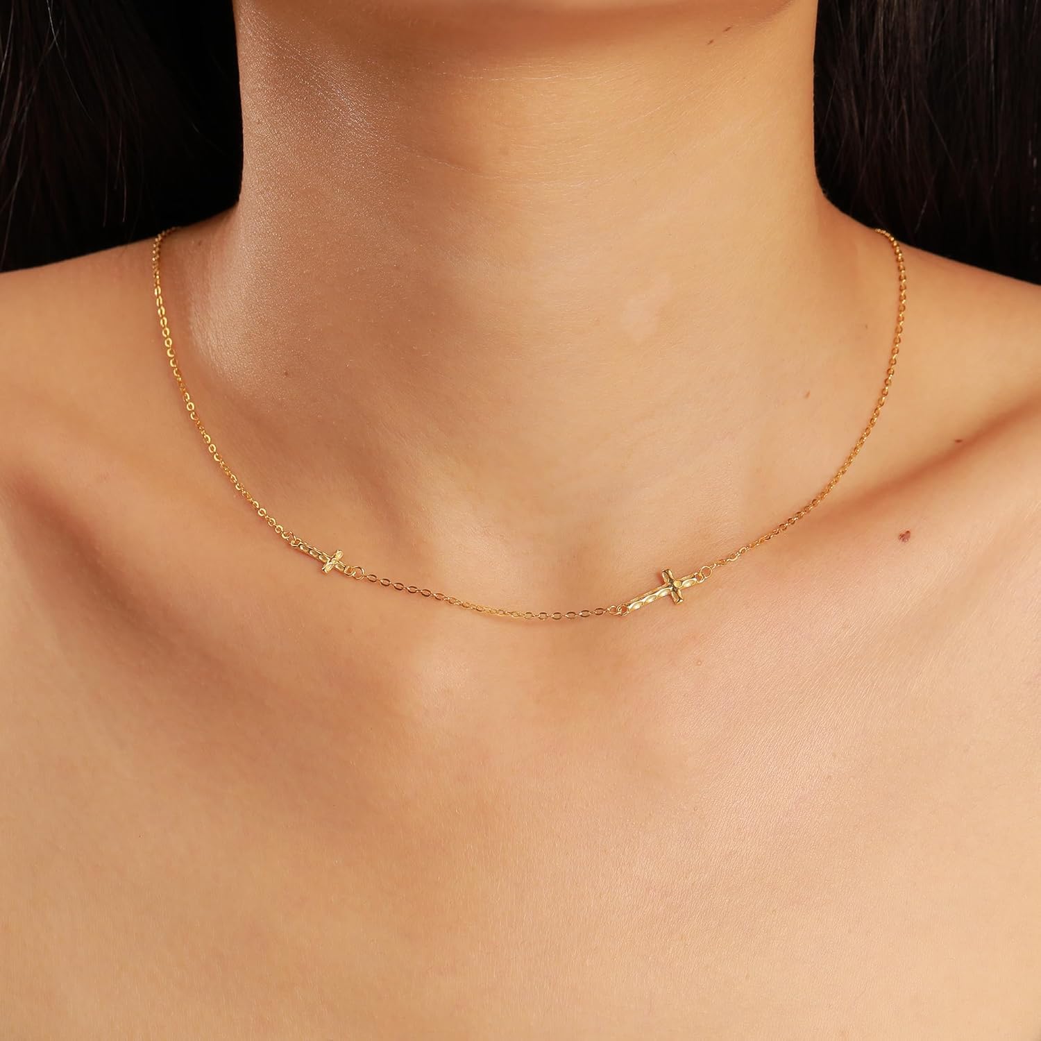 SUYACS 14k Gold Plated Cross Necklaces for Women Dainty 925 Sterling Silver Double Crosses Choker Chain Necklace Non Tarnish Waterproof Easter Christian Baptism Religious Faith Jewelry Gifts