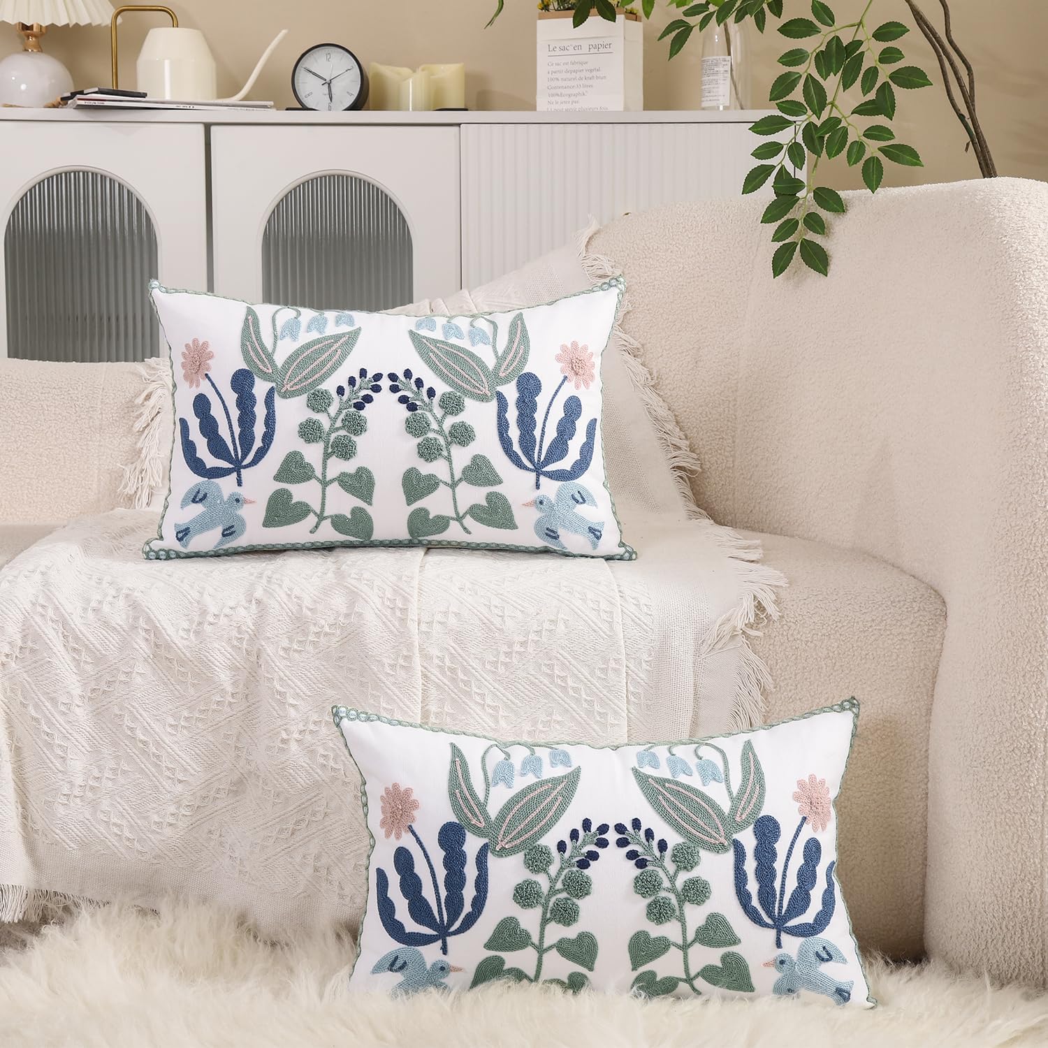 Tosleo Floral Throw Pillow Covers 12 x 20 inch Pack of 2 Green Leaves Blue Birds Embroidered Pillowcases Farmhouse Pillow Cushion Cases Home Decor Square Flower Pillow Case - Image 3