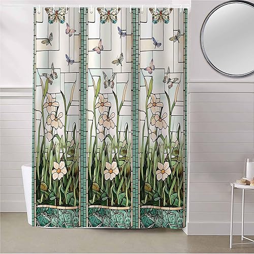Miniatura 5 de Cortina de ducha impermeable con estampado de flores de prado, libélula, tela de poliéster, cortina de baño para el hogar, hotel, apartamento, baño,