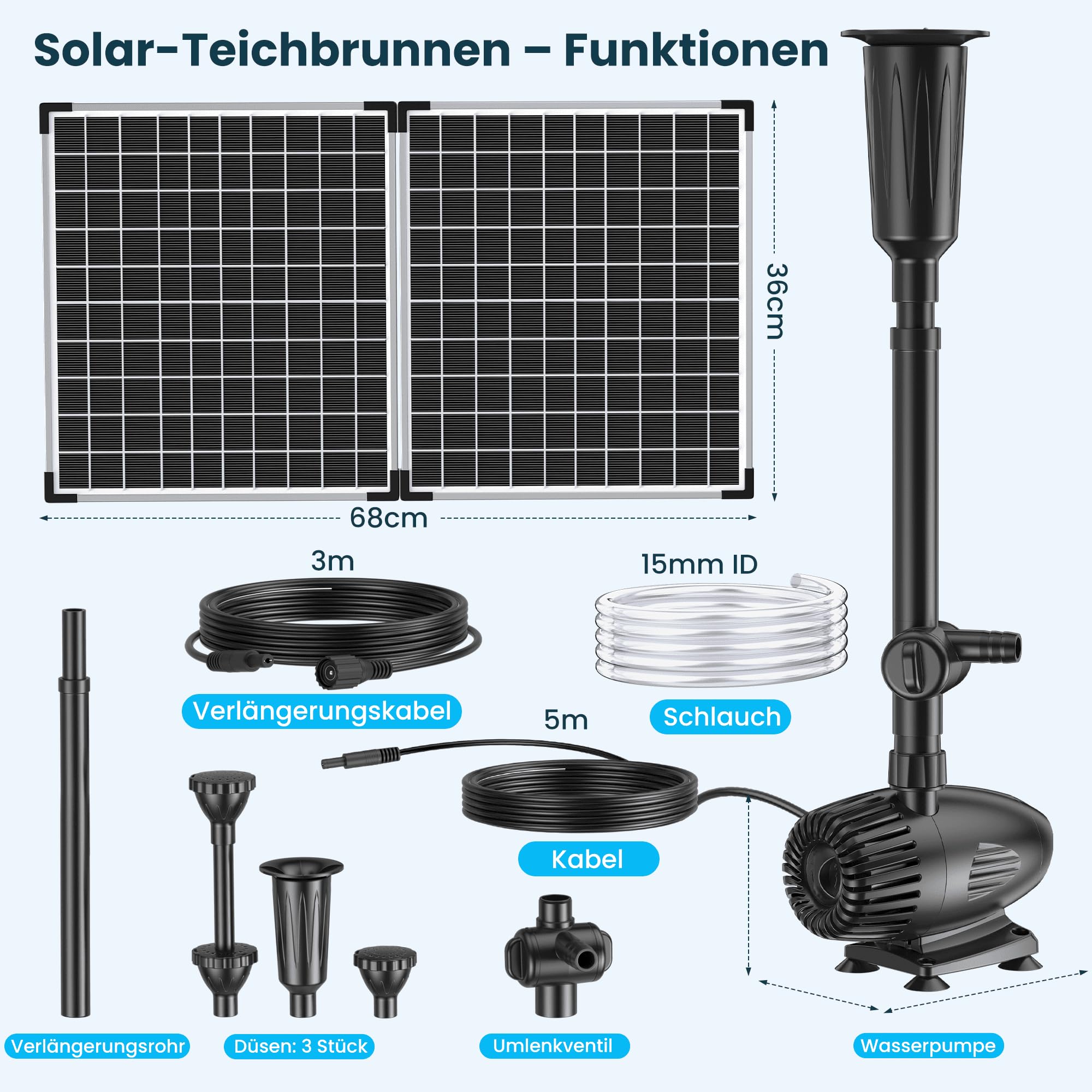 Biling Fuente solar de 50 W para exteriores con 3 boquillas, fuente solar de 2100 l/h para exteriores grandes estanques de jardín (5-20 ㎡), regulación de flujo, bomba de estanque silenciosa, bomba