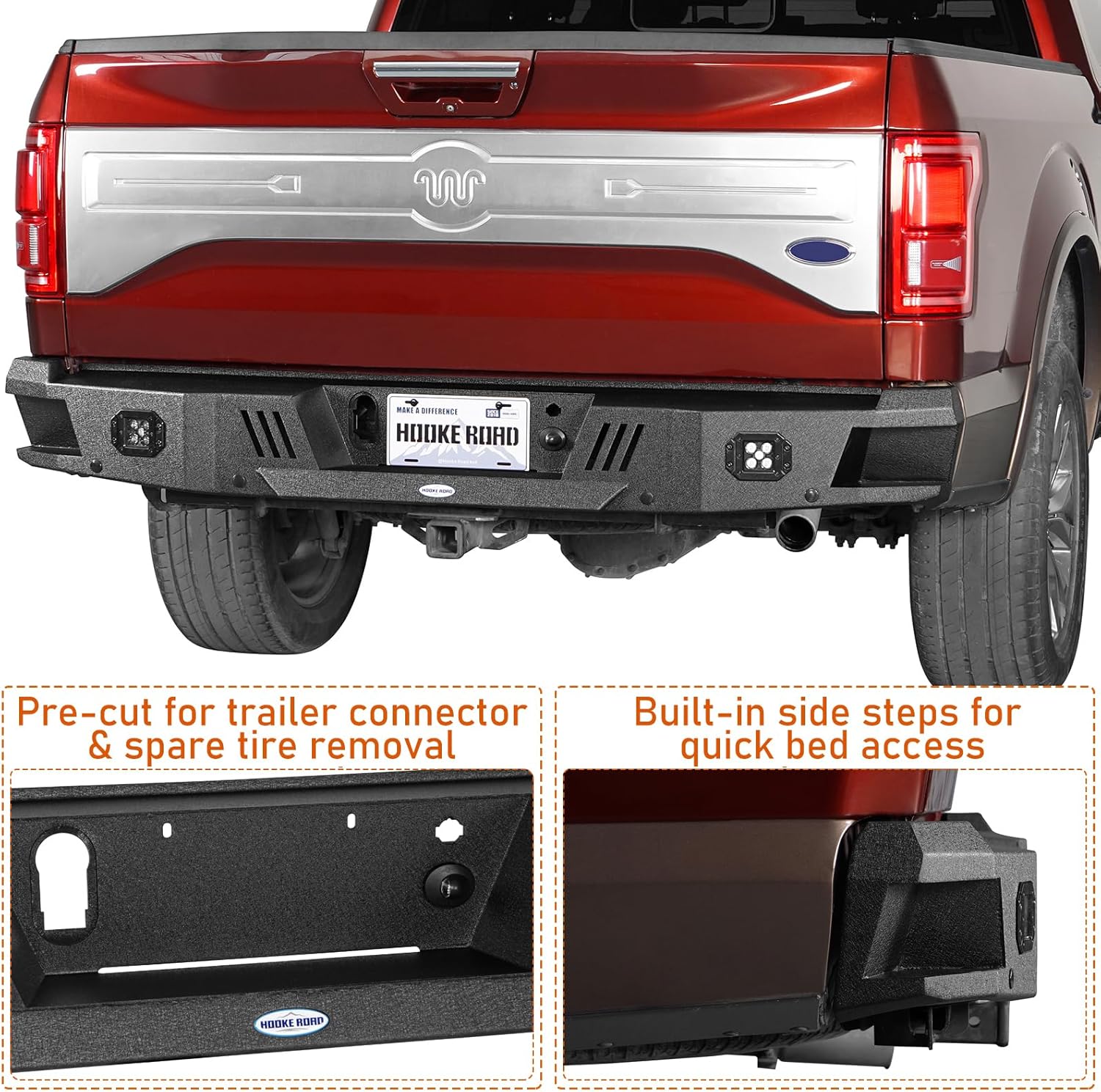 Hooke Road 15-17 F150 Front and Rear Bumper Set w/Grille Guard Protector for 2015 2016 2017 Ford F-150(Exclude Raptor), Offroad Steel Bumper Brush Push Bar with Winch Plate, LED Lights