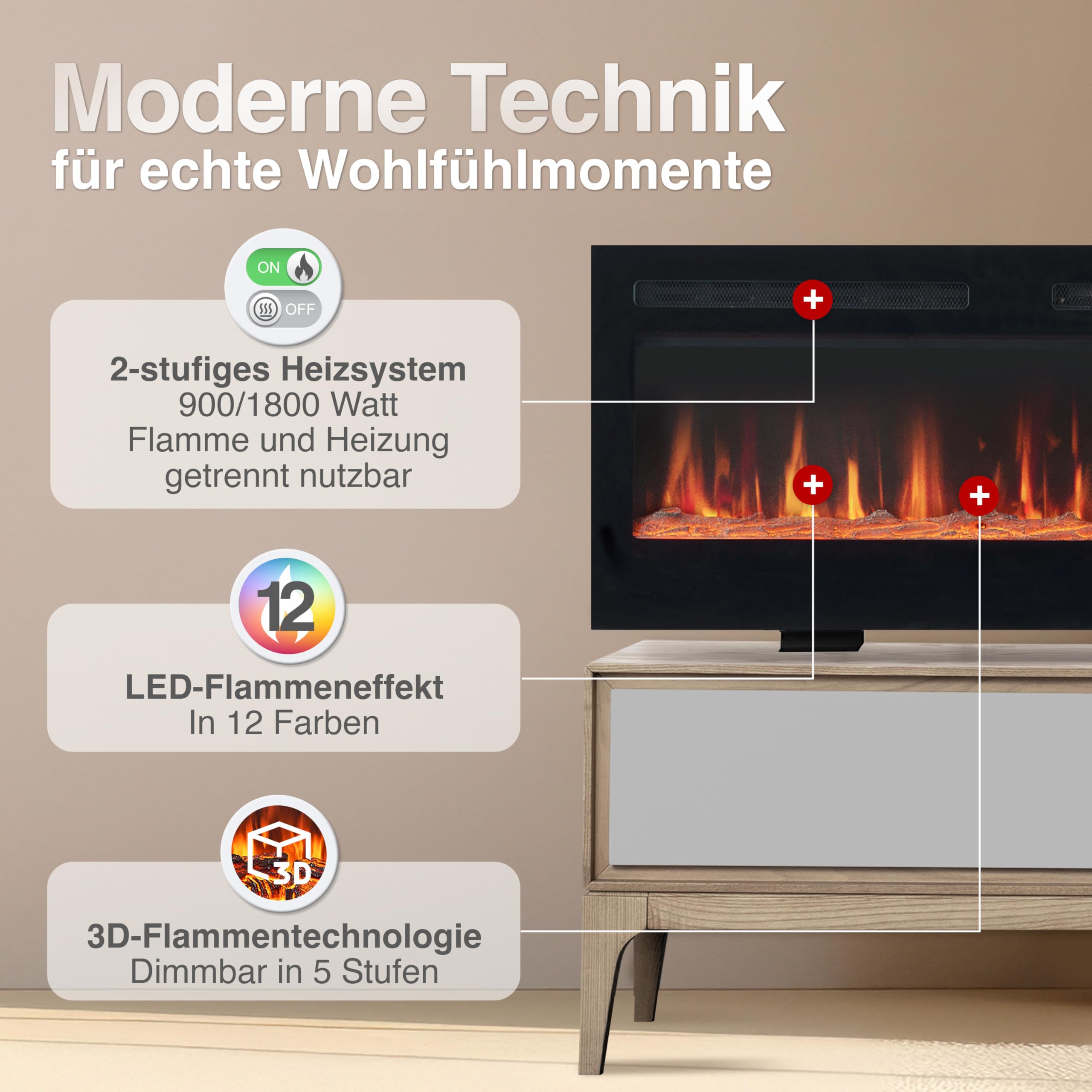 KAMINIO® Marlon PRO Elektrokamin mit Heizung [Stand, Einbau & Wand] | 3-in-1, elektrischer Kamin mit LED-Kaminfeuer in 12 Farben, Timer, Thermostat & Fernbedienung, inkl. Zubehör, schwarz