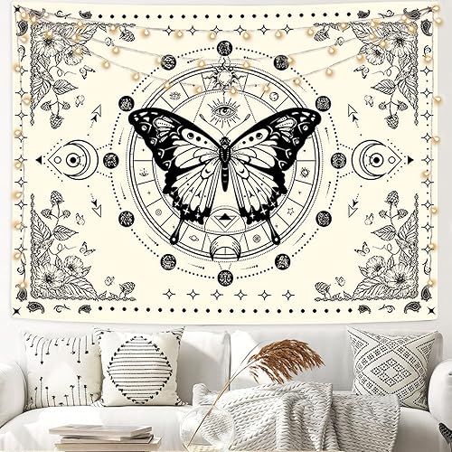 Tapiz de esqueleto y mariposa, diseño de calavera en blanco y negro, diseño de hongos, tapiz estético hippie para colgar en la pared para