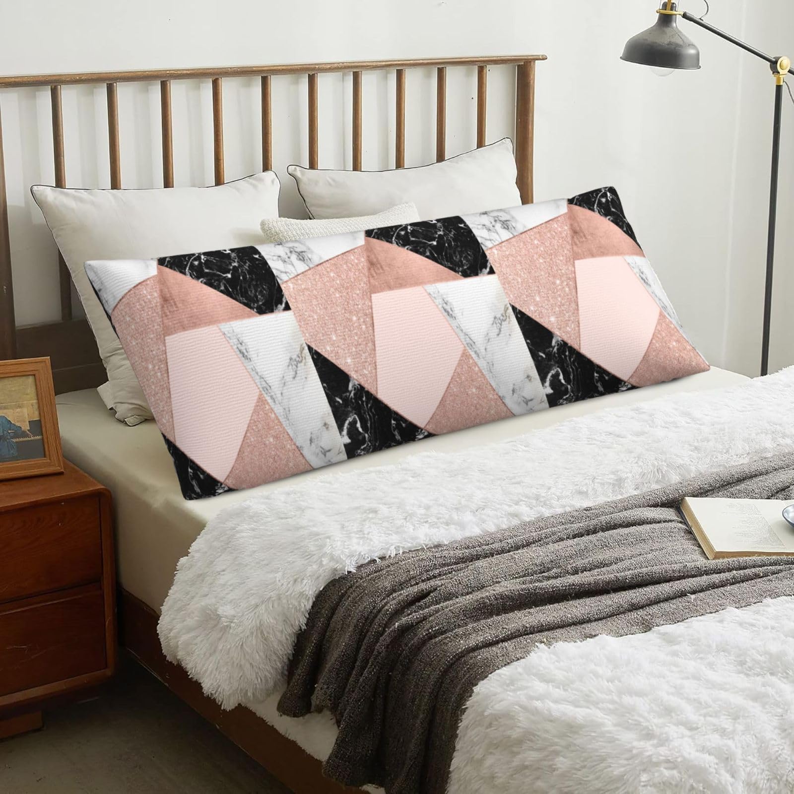Rose Gold Glitter Black White Marble Geometric, Body Pillow Cover with Zipper,Long Body Pillowcase 20 x 60 in