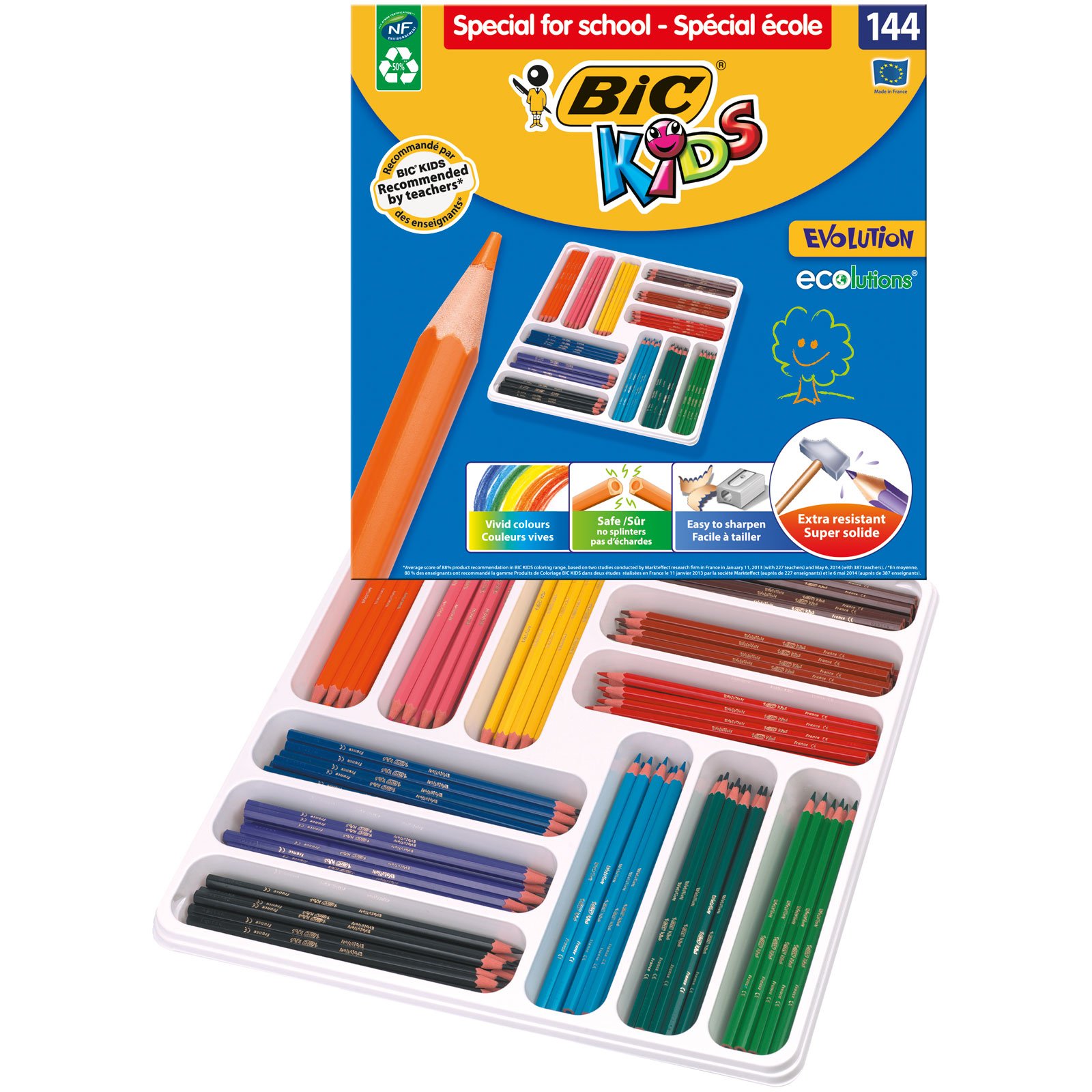 BICKids 887830 ECOlutions Evolution Colouring Pencils Set for Children from 5 Years - Colouring Pencils without Wood, with Shatterproof Lead - 12 Colours in Bulk Pack of 144 Pieces