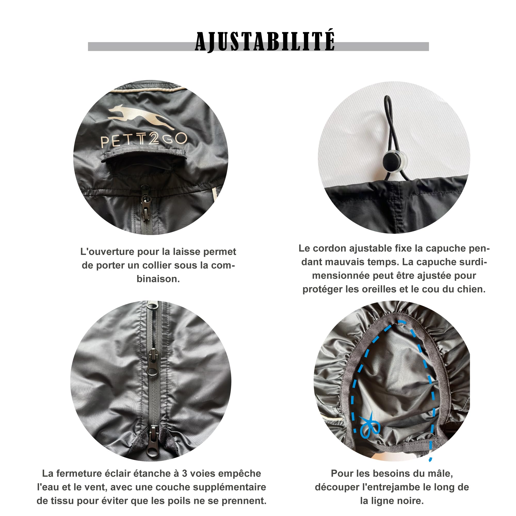 Coupe-Vent Léger pour Chien, Manteau avec Jambes, à Capuche, Trou pour Laisse, Réfléchissant, Compactable (Noir Charbon, M)