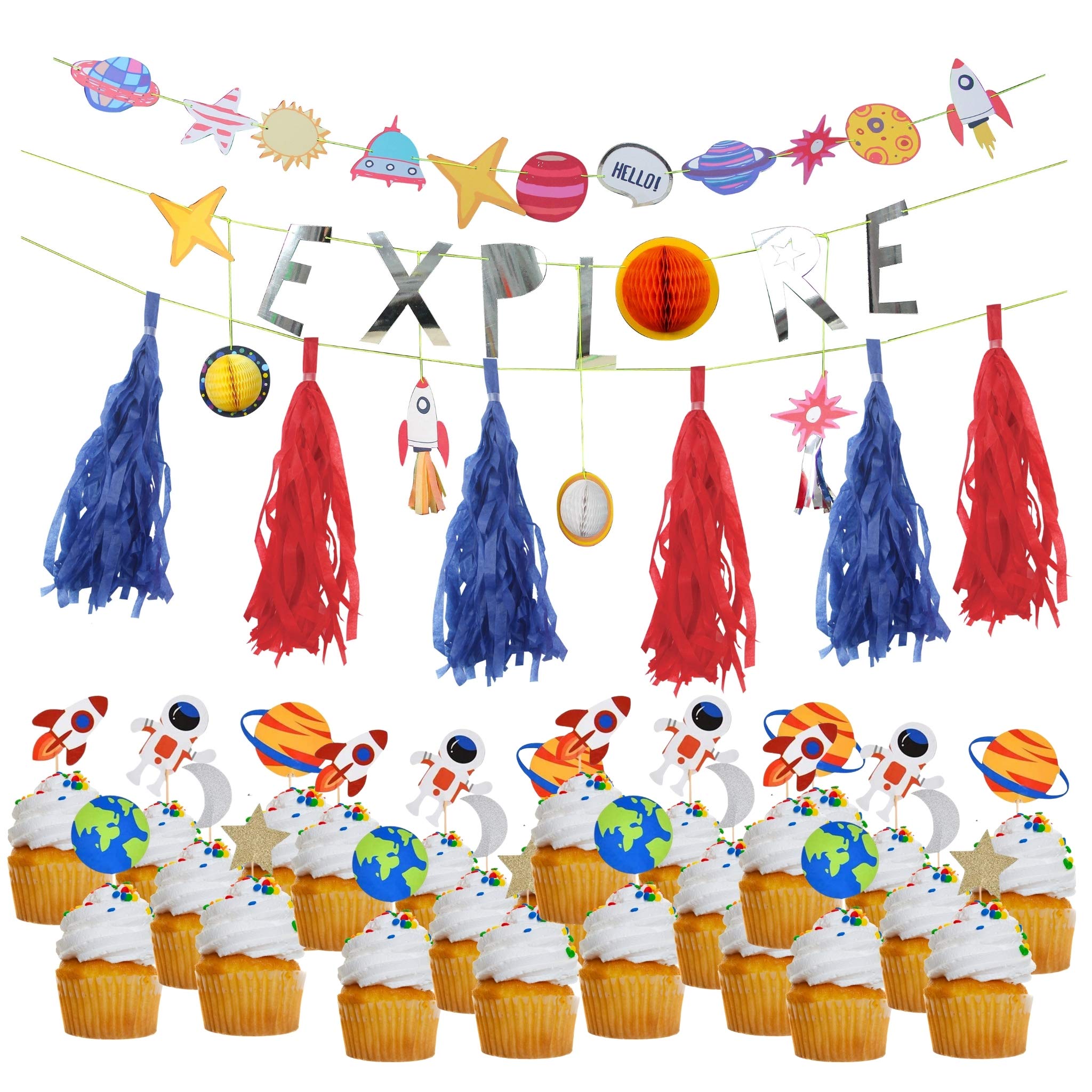 Outer Space Party Supplies Combo Explore DIY Banner for Astronaut Planet Theme Garland with Sparkling Laser for Girl BoyBirthday Baby Shower Party Unicorn Decorations