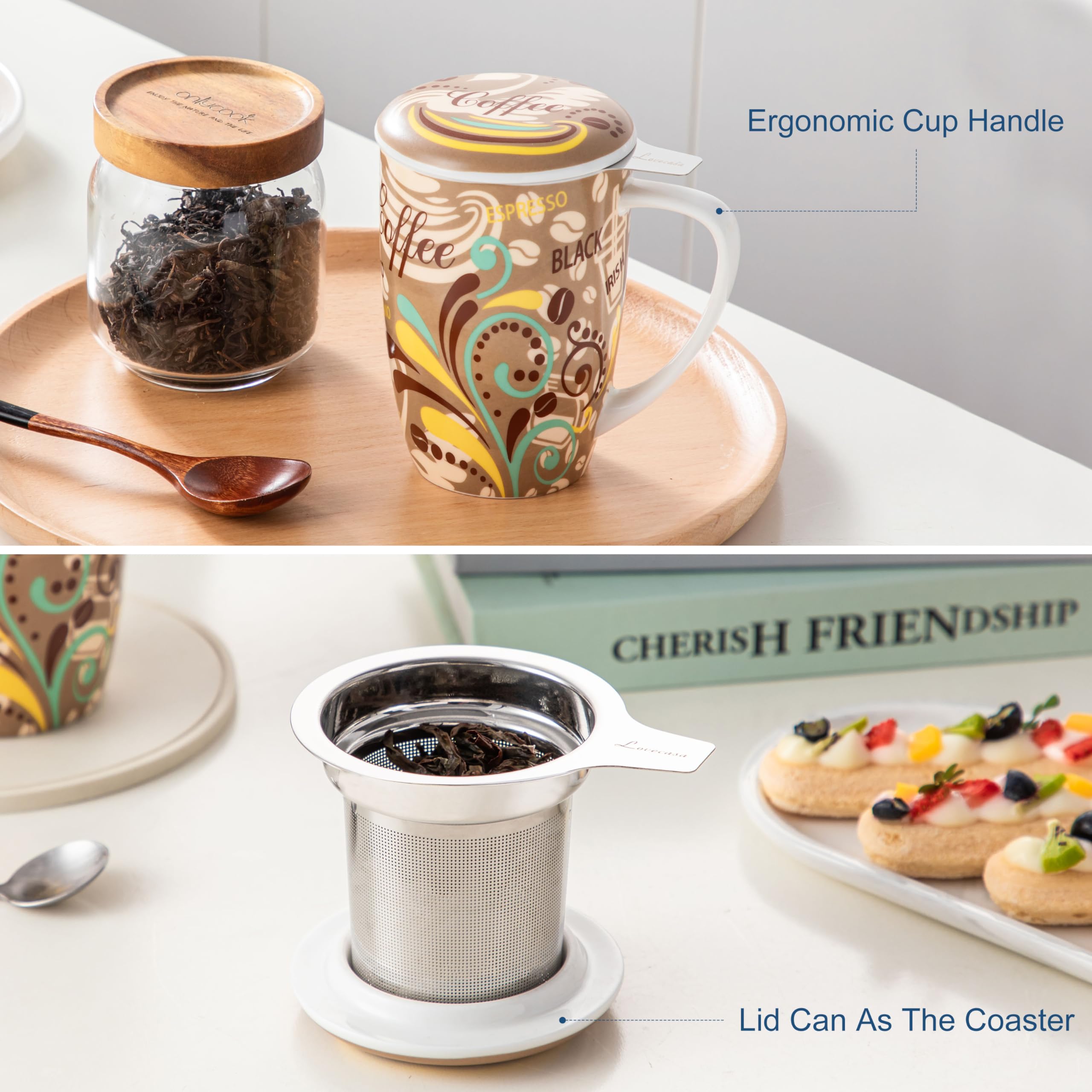 LOVECASA, kubek do herbaty 480 ml z zaparzaczem porcelanowym, duży kubek, herbata z filtrem ze stali nierdzewnej, kubek z pokrywką