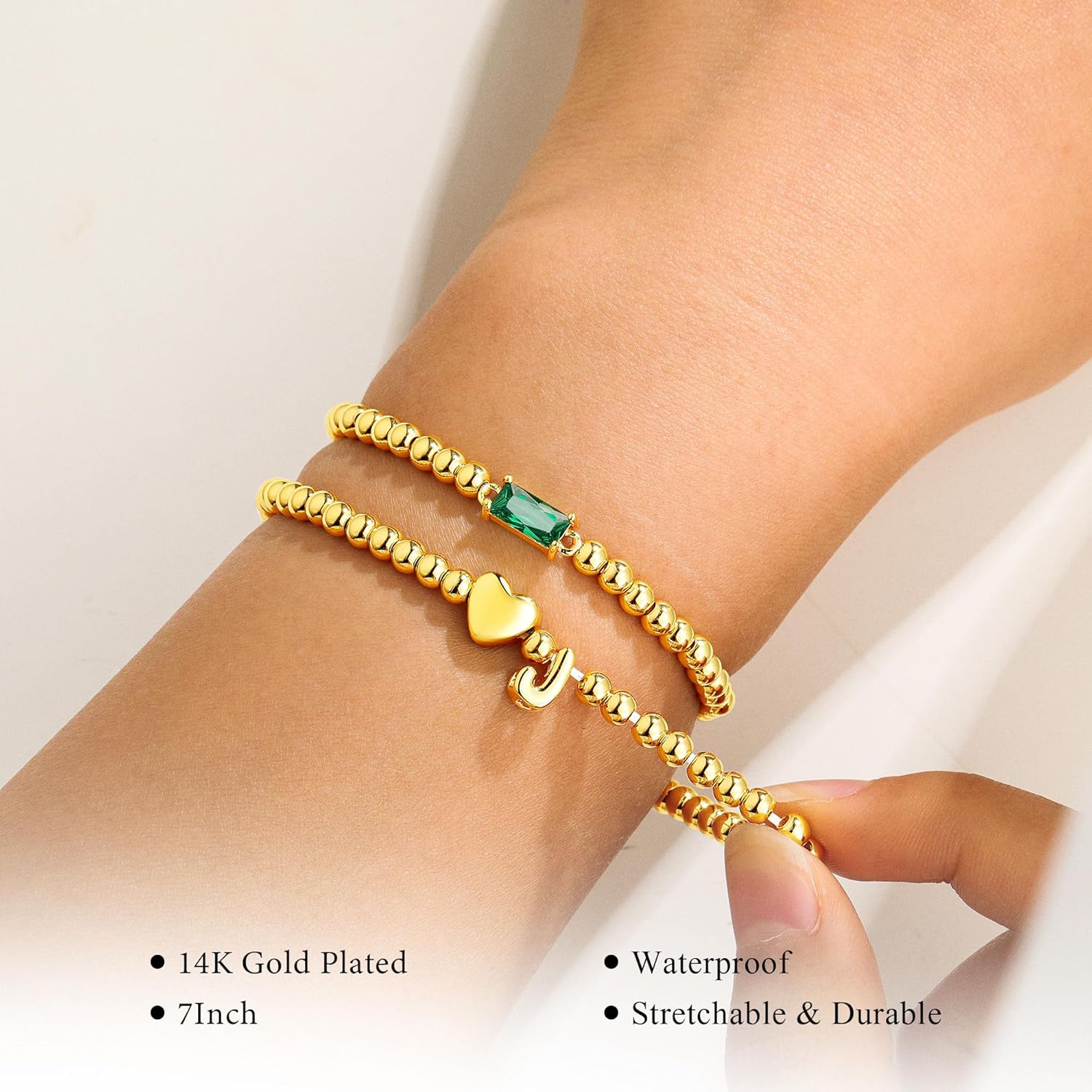 Turandoss Birthstone Beaded Bracelets for Women – Dainty 14K Gold Plated Heart Initial A-Z Charm Birthstone Bracelets, Stackable Waterproof Strand Bead Ball Bracelet Jewelry Birthday Christmas Gifts - Image 5