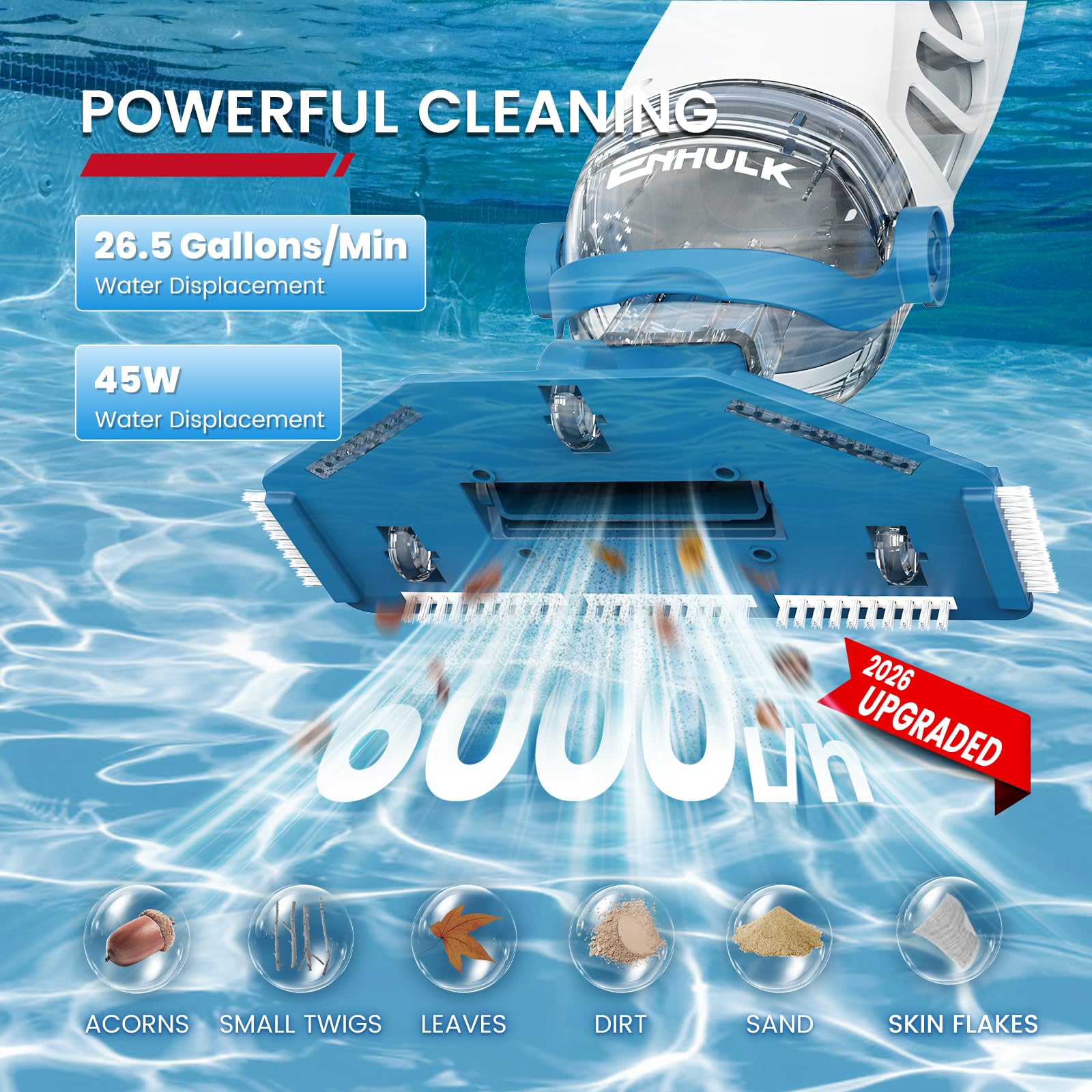 ENHULK Aspiradora inalámbrica para piscina con poste de extensión de 6 pies, potente succión mejorada de 26.5 galones/min, 2 unidades de filtro, tiempo de funcionamiento de 1 hora, limpiador de