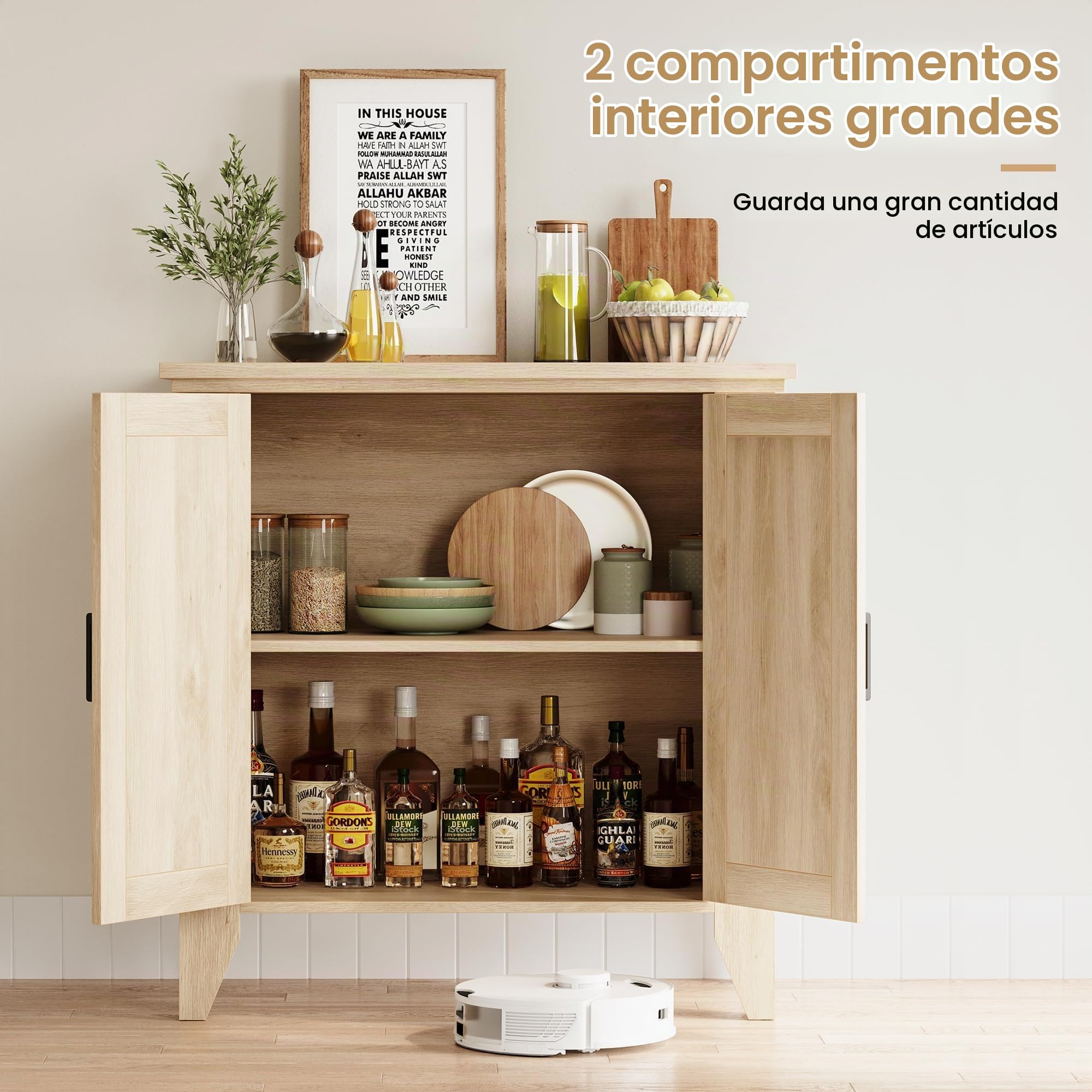 Garvee Aparador De Ratán, Mueble Auxiliar De Cocina Estrecho De Madera con Estante Ajustable, Organizador Rústico para Comedor, Salón y Espacios Pequeños, Madera Natural 80×40×83 cm