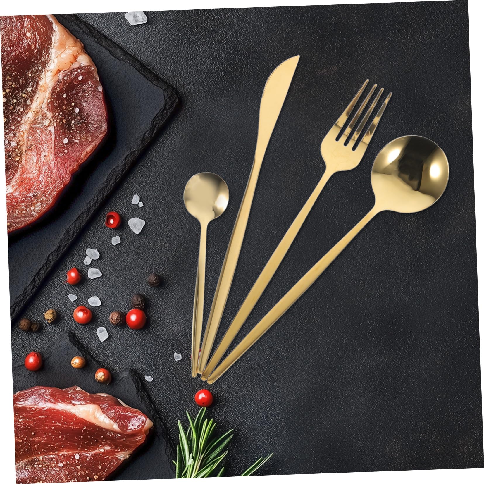 6 set Posate Acciaio Inossidabile Dorate Opaco Coltelli Bistecca Forchette Cucchiai e Cucchiaini da Tè per Casa Feste ed Eventi Formali Design Ergonomico per Presa Confortevole