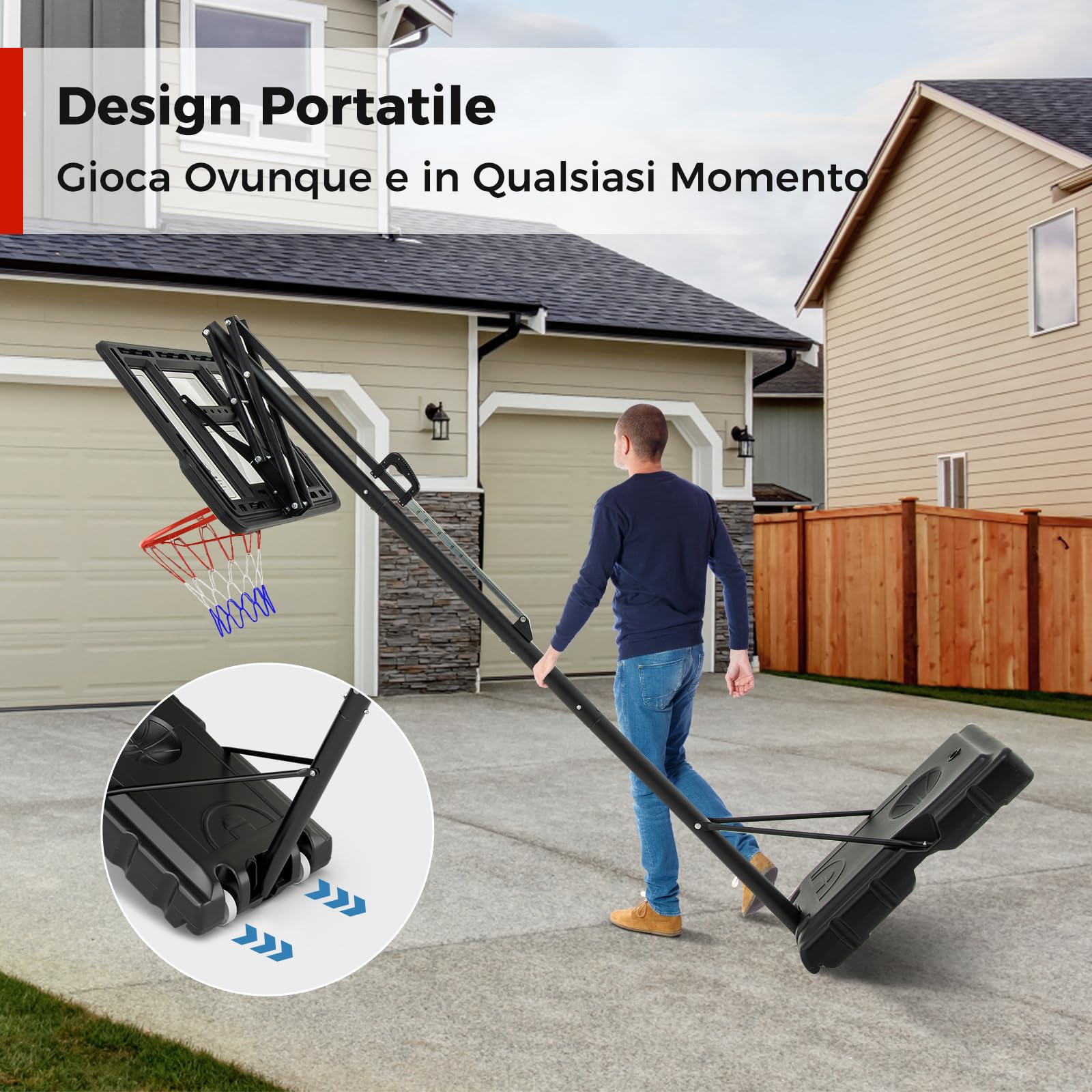 COSTWAY Canestro da Basket da Esterno ed Interno Professionale, Canestro da Basket Regolabile in Altezza 3-3,7 cm e Portatile con Tabellone Infrangibile, Base Robusta e Ruote
