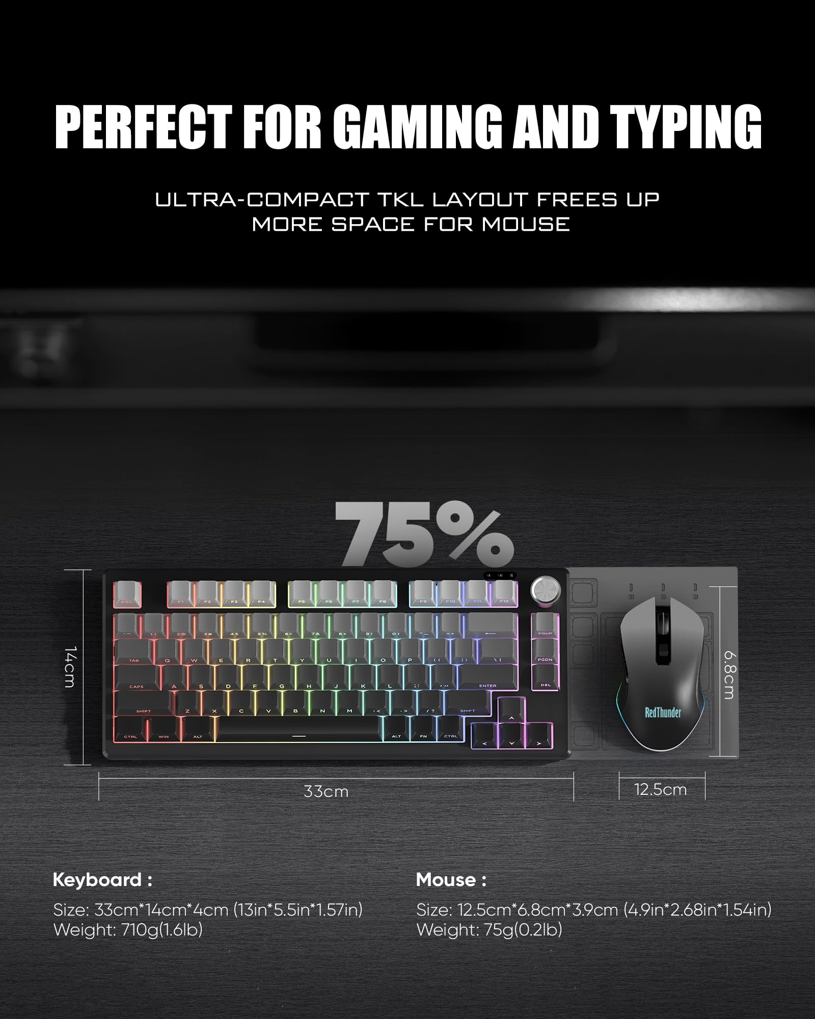 RedThunder K75 75% Wireless Membrane Keyboard and Mouse,3-Mode 2.4G/BT/USB-C,US Layout Side-Engraved,Volume Knob,TKL Ultra Compact Design,Optical Gaming Mouse with 4800DPI for PC Mac (Gradient Gray) — view 7