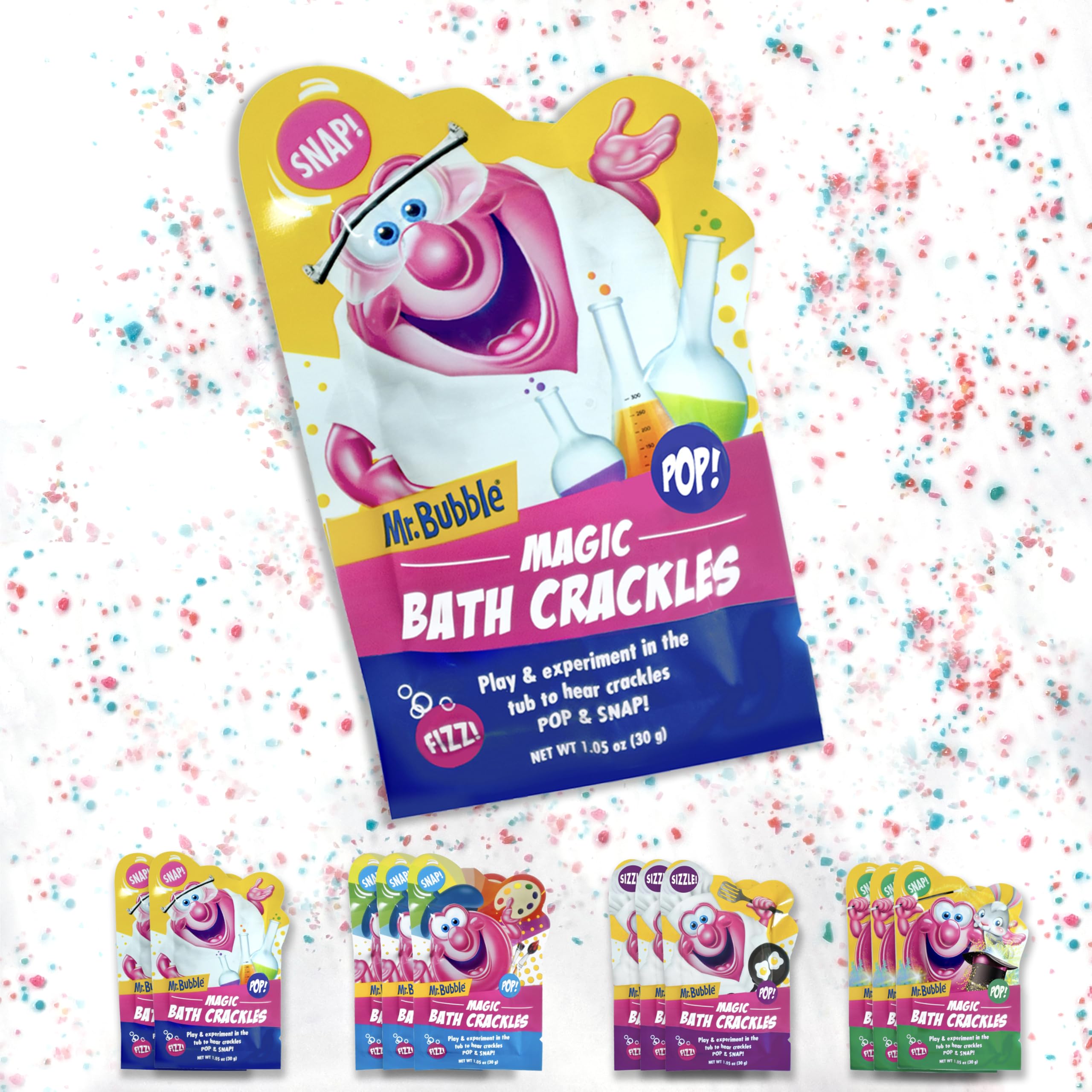 Mr. Bubble Magic Bath Crackles, Fun to add to Bubble Bath to Make Bath Time Exciting for Kids with Colorful Pops and Fizzy Snaps, 1 oz Packet, Pack of 12